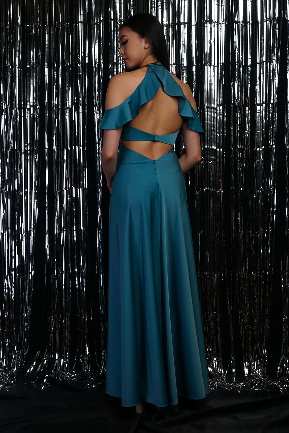 GOWNS Turquoise Off Shoulder Ruffle Kai Gown - Chloe Dao