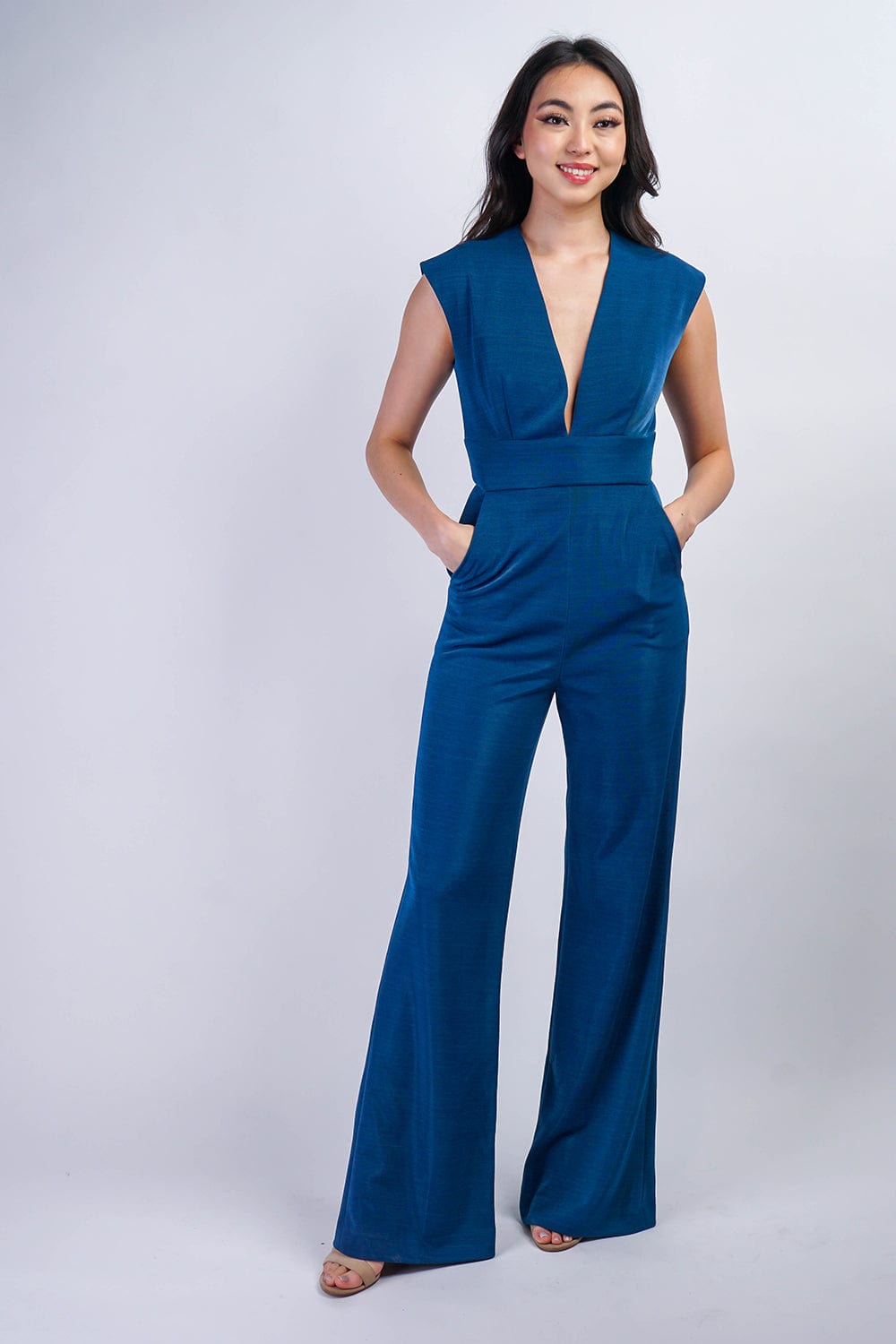 Chloe Dao JUMPSUITS &amp; ROMPERS Saphire Blue Luxe V Neck Aiden Jumpsuit