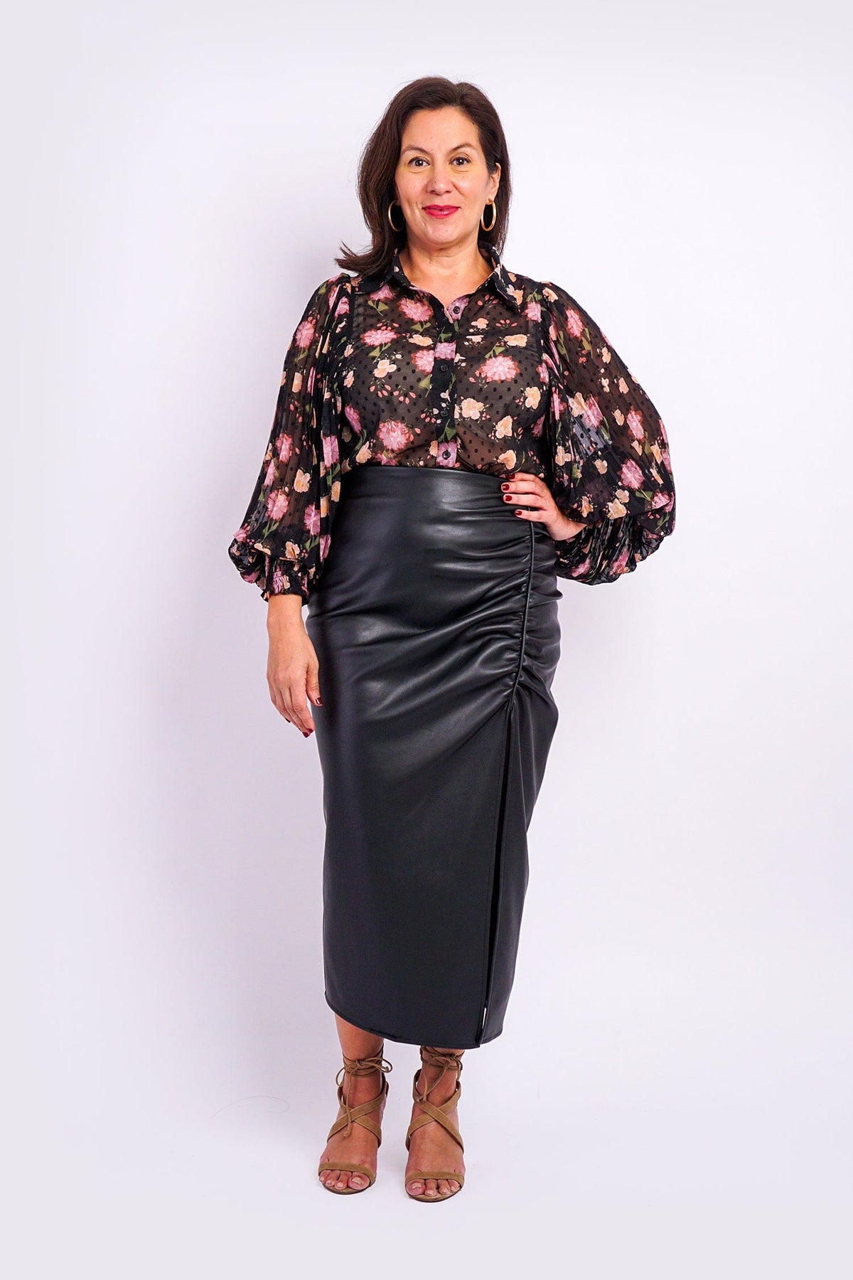 DCD BOTTOMS Black Ruched Slit Front Faux Leather Skirt