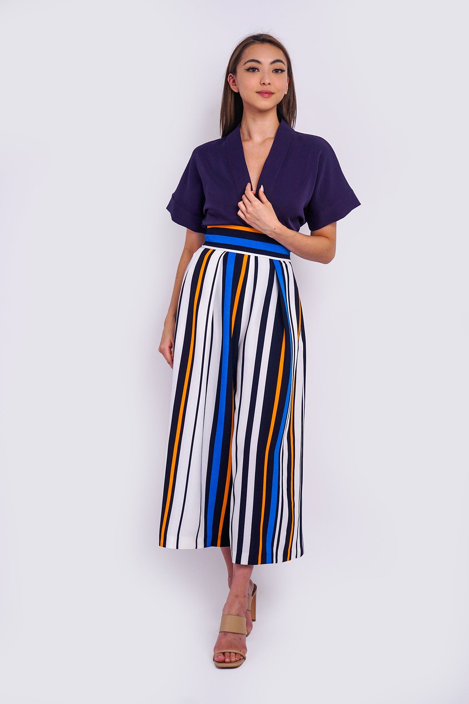 Chloe Dao BOTTOMS Blue Stripe Pleated Wide Leg Kira Pants