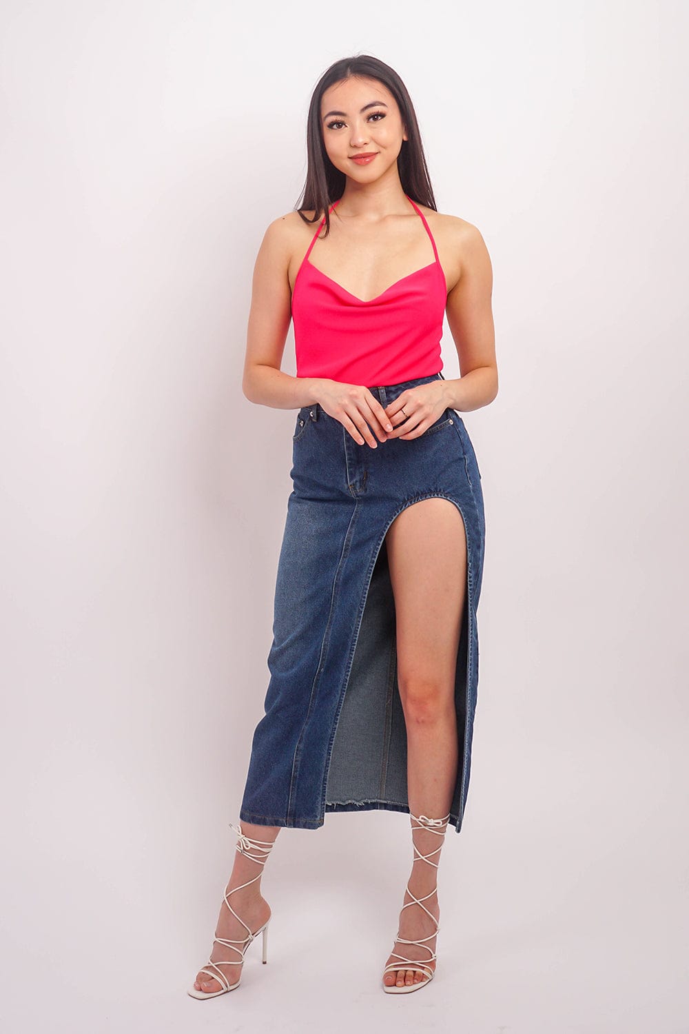 DCD BOTTOMS Denim High Slit Maxi Skirt