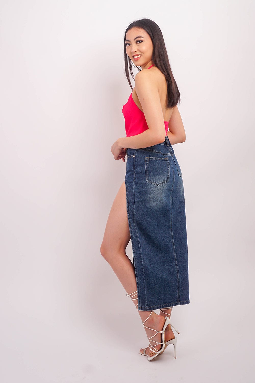 DCD BOTTOMS Denim High Slit Maxi Skirt