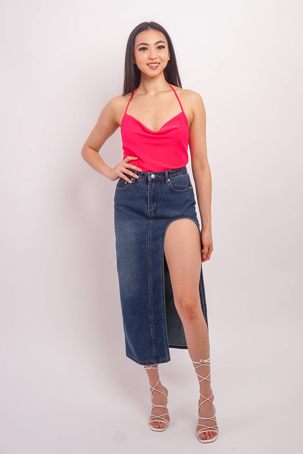 DCD BOTTOMS Denim High Slit Maxi Skirt
