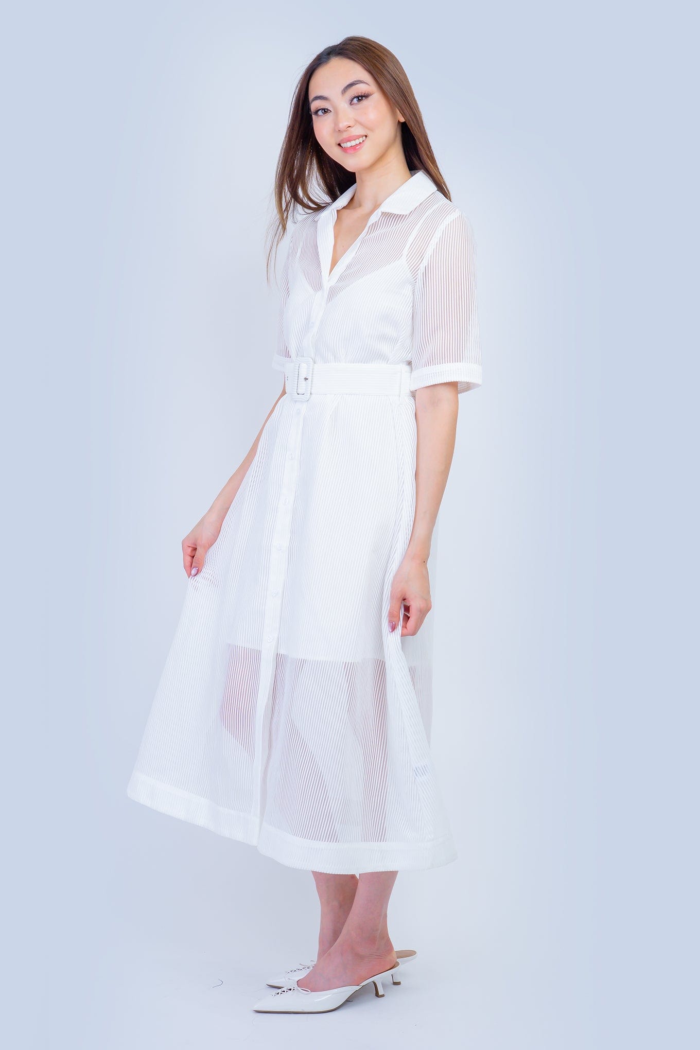 DCD DRESSES Belted Sheer Stripe Shirt Dress