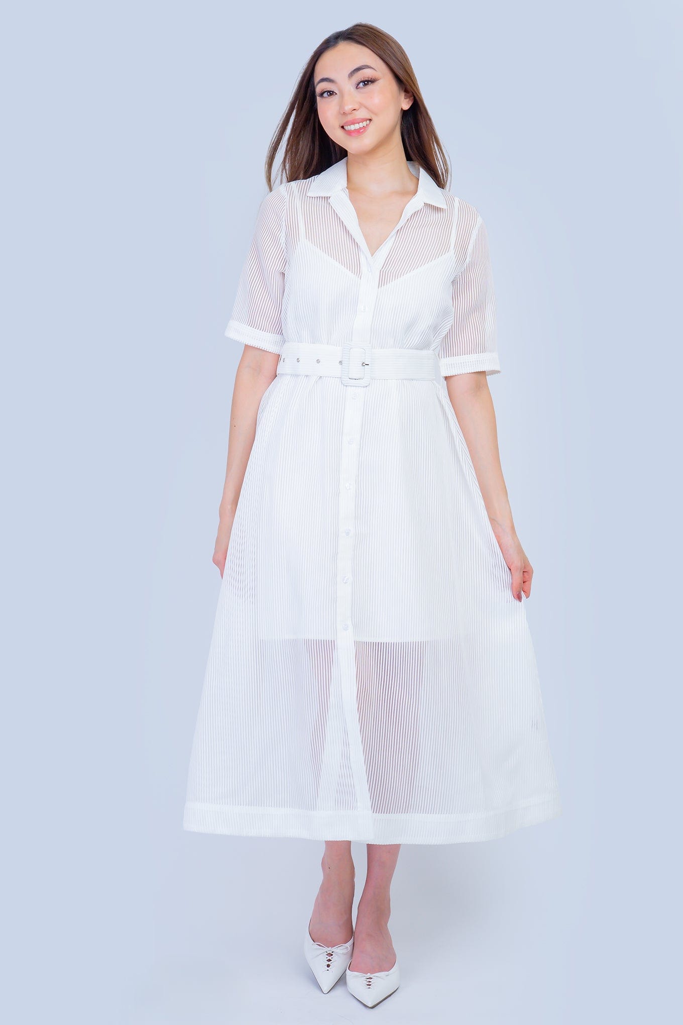 DCD DRESSES Belted Sheer Stripe Shirt Dress