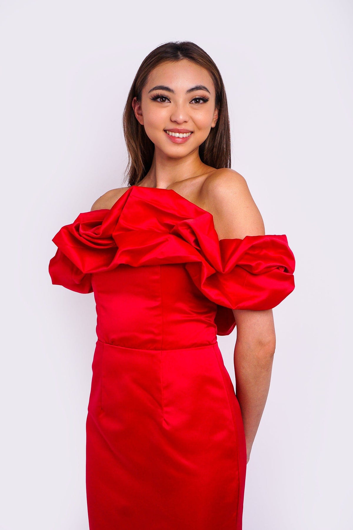 DCD DRESSES Big Red Ruffle Off Shld Dress
