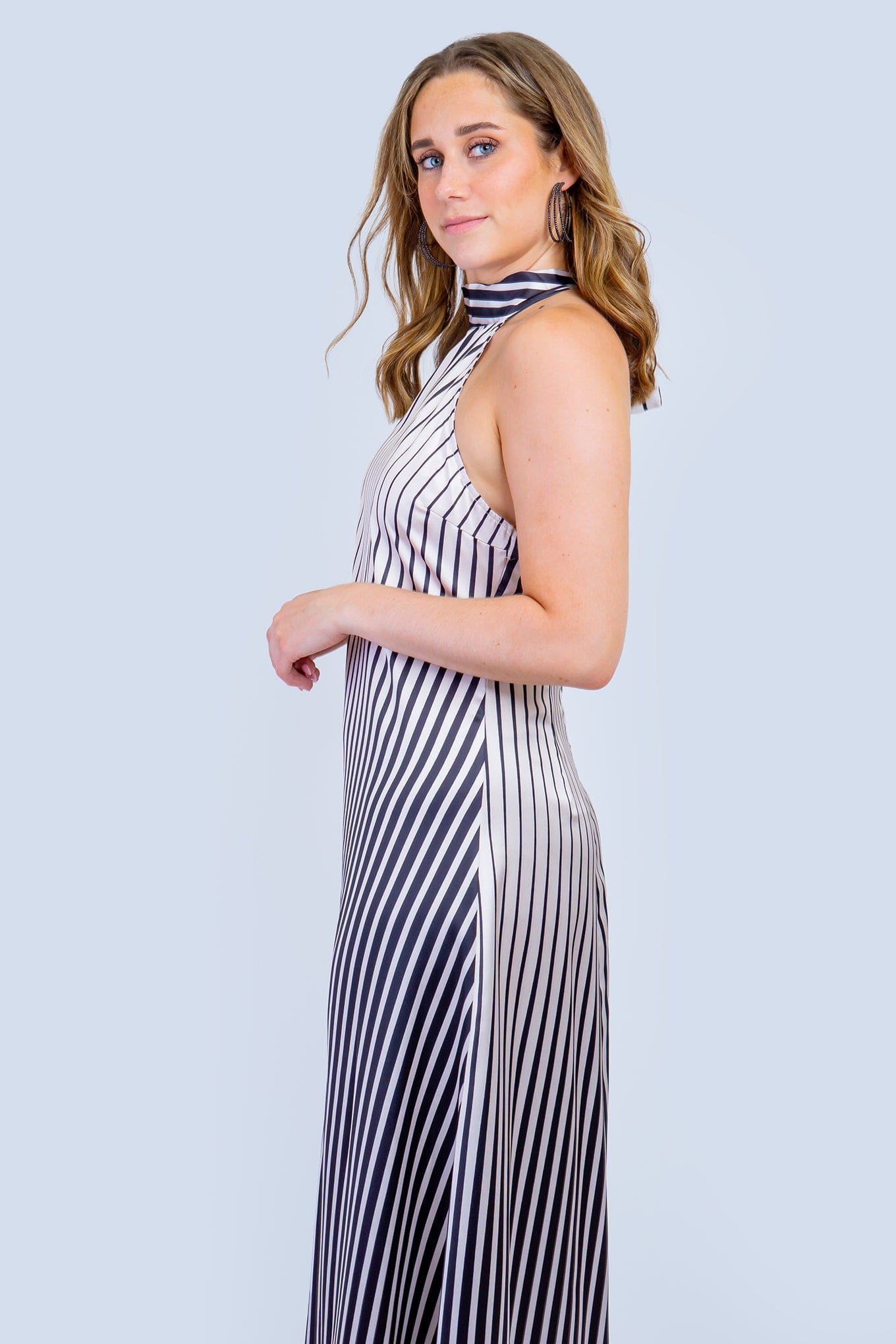 DCD DRESSES Black and  Cream Stripe Halter Maxi Dress