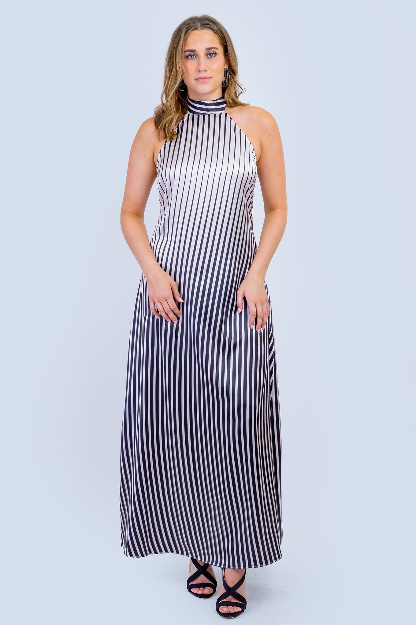 DCD DRESSES Black and  Cream Stripe Halter Maxi Dress