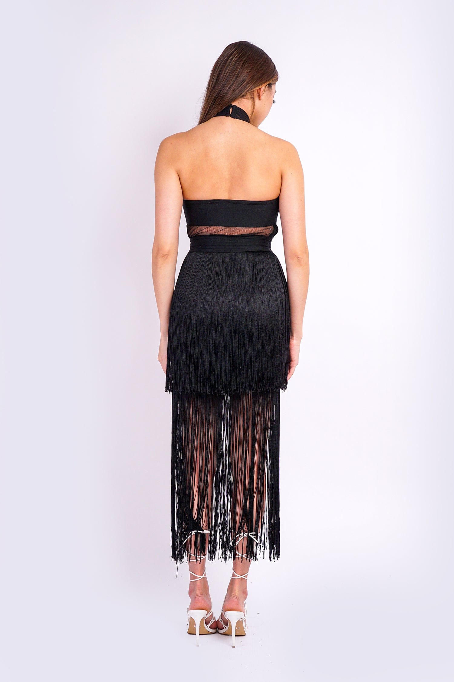 DCD DRESSES Black Bandage Halter Fringe Midi Dress