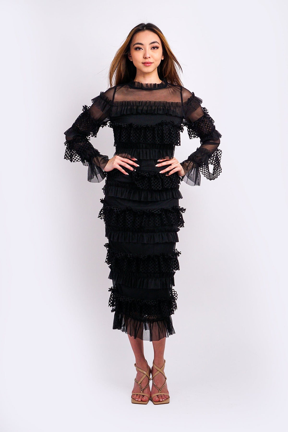 DCD DRESSES Black Frill Tiered Midi Dress