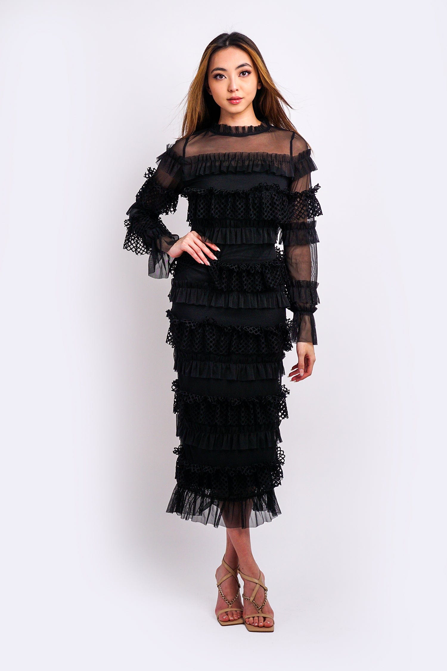 DCD DRESSES Black Frill Tiered Midi Dress