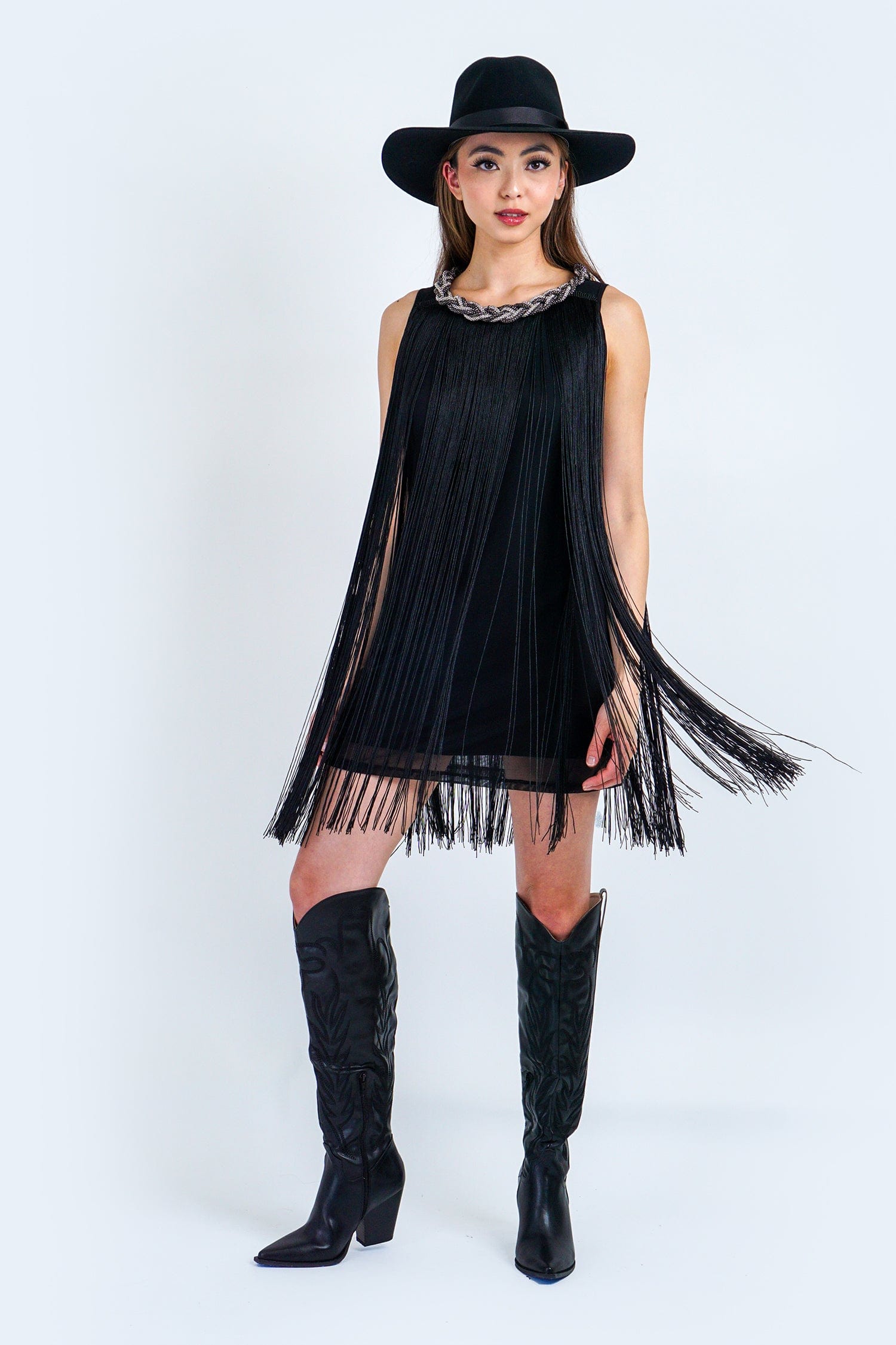 DCD DRESSES Black Fringe Neck Chain Dress
