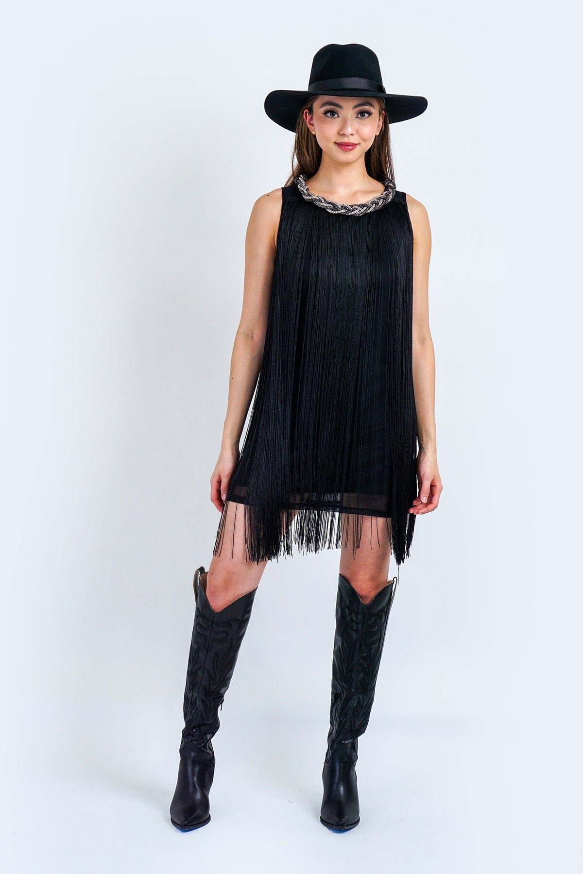 DCD DRESSES Black Fringe Neck Chain Dress