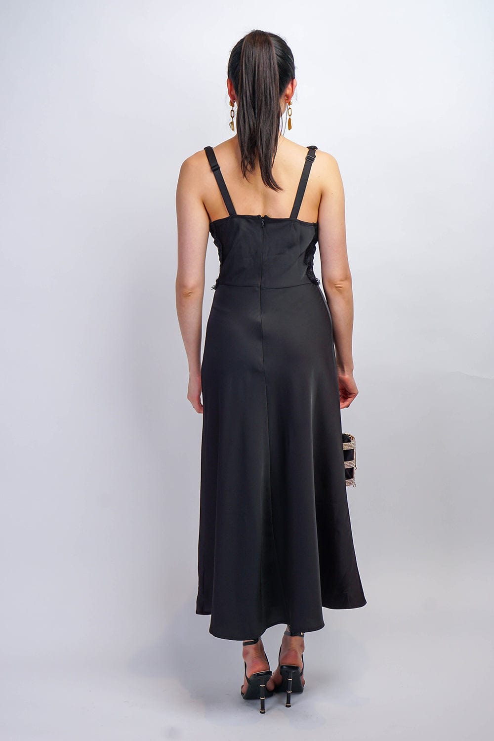 DCD DRESSES Black Lace Slip Satin Maxi Dress