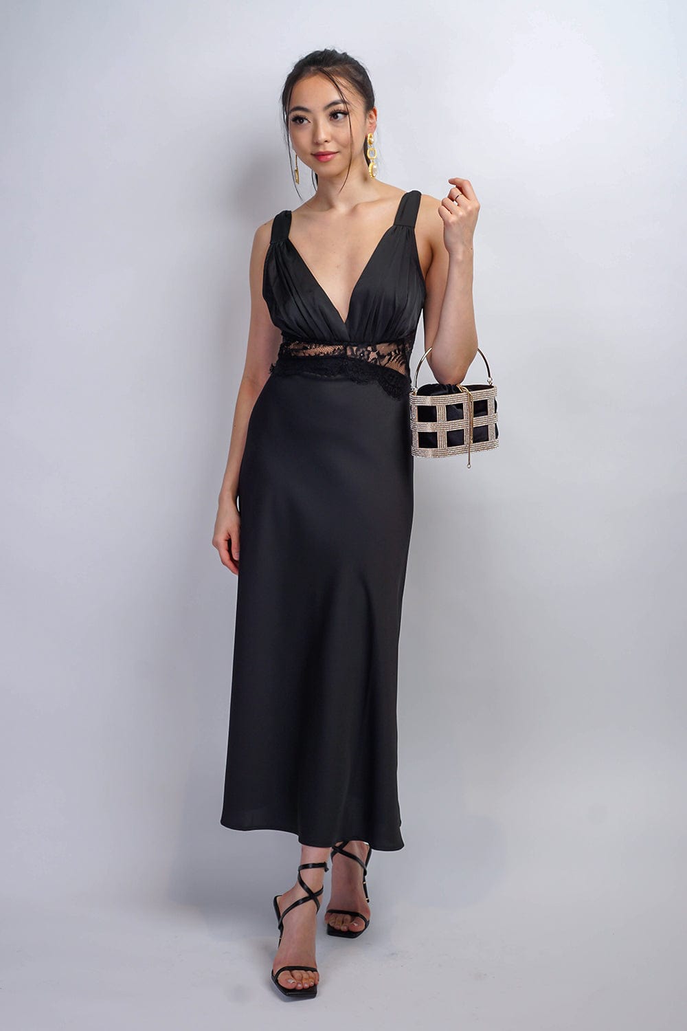 DCD DRESSES Black Lace Slip Satin Maxi Dress