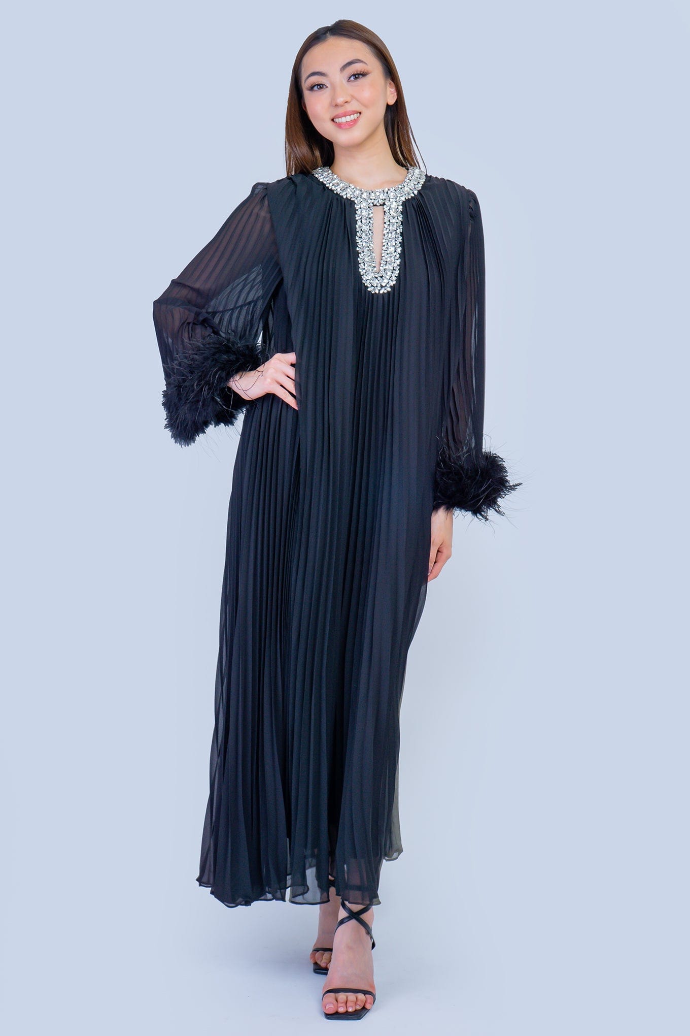 DCD DRESSES Black Pleated Rhinestone Caftan Dress