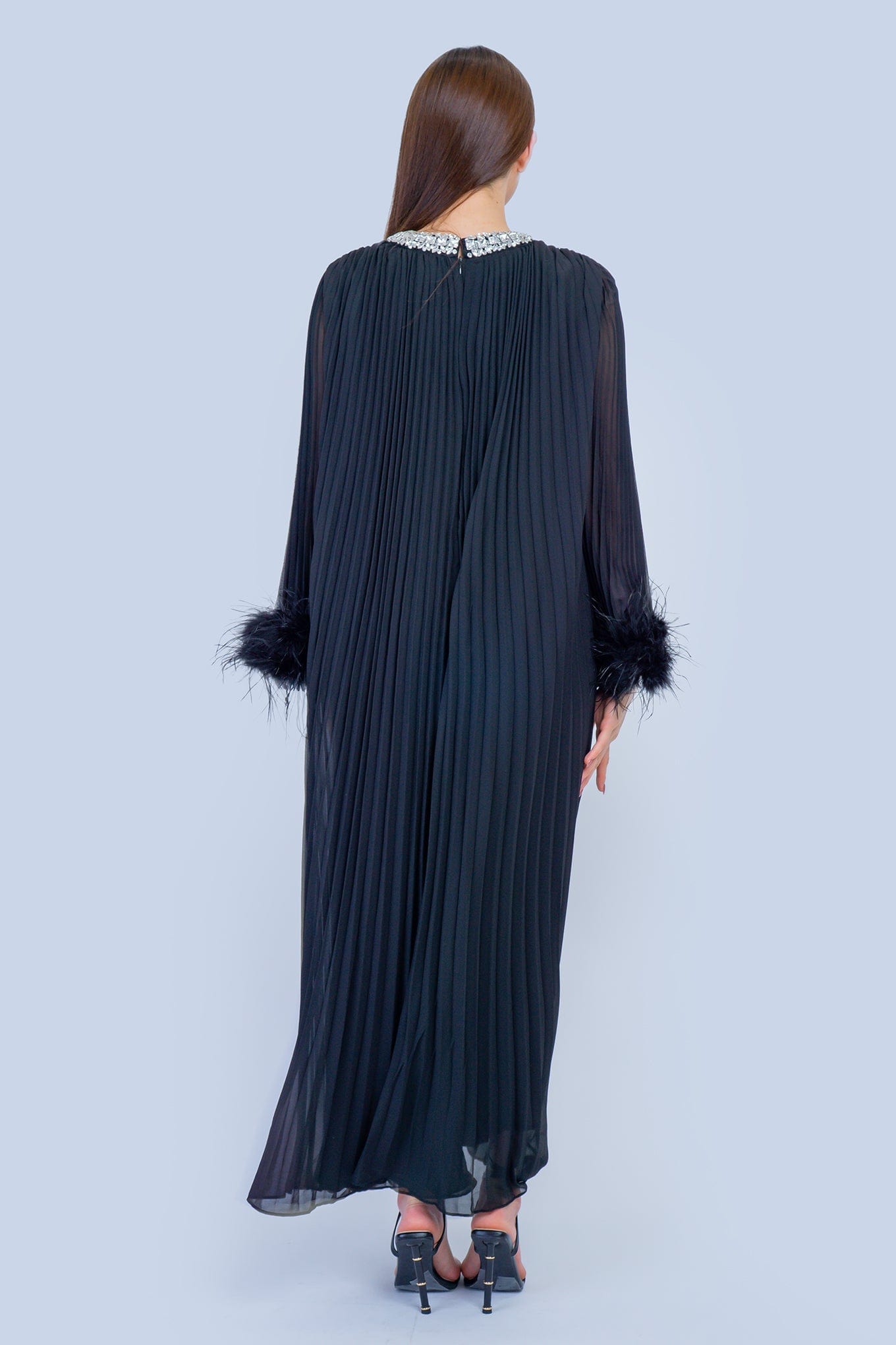 DCD DRESSES Black Pleated Rhinestone Caftan Dress