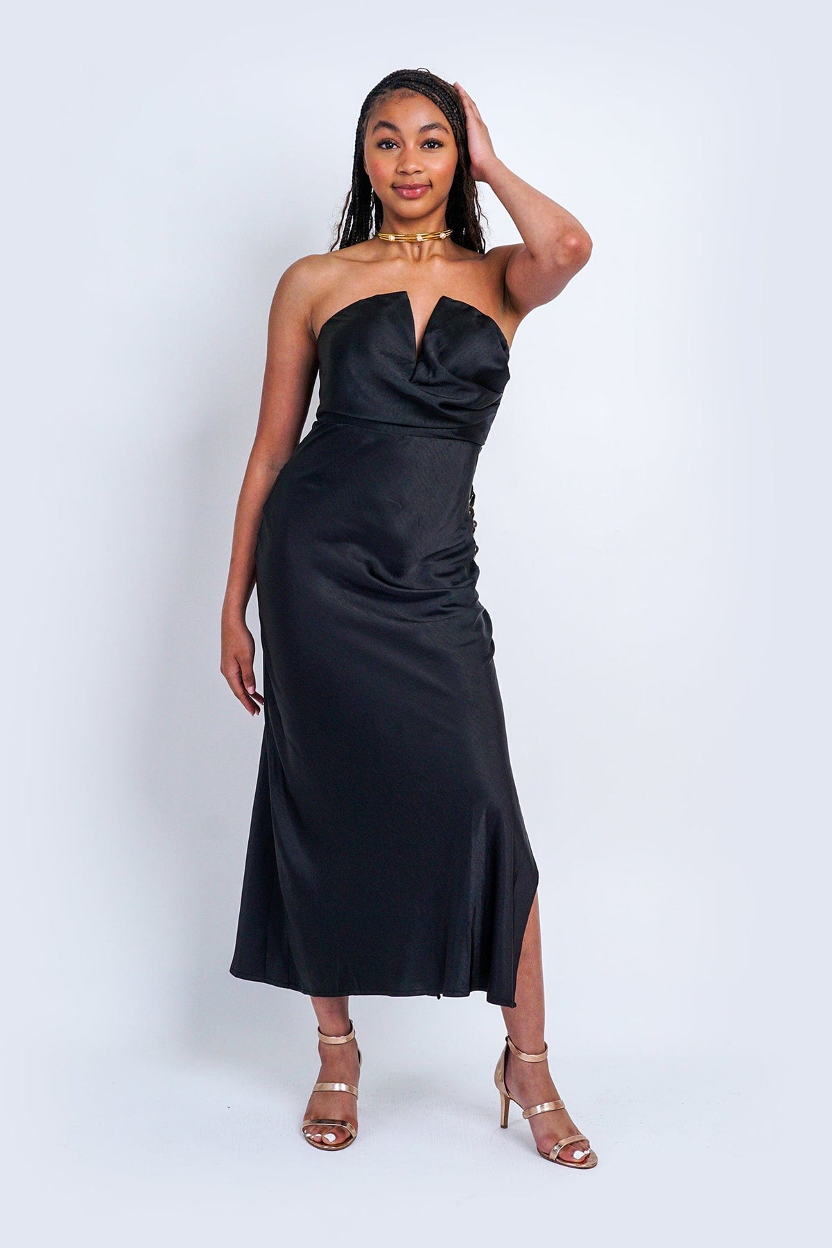 DCD DRESSES Black Strapless V Bias Midi Dress