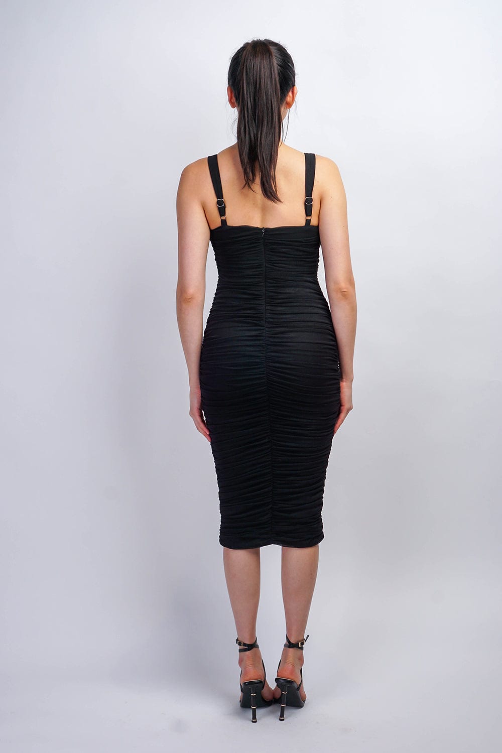 DCD DRESSES Black Surplice Mesh Bodycon Midi Dress
