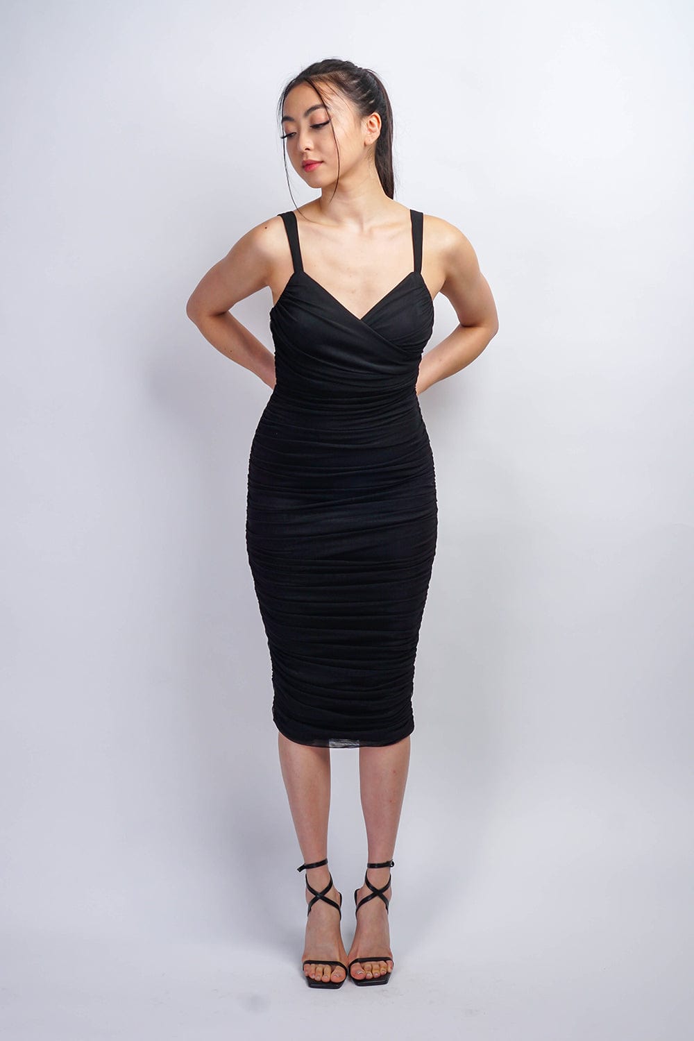 DCD DRESSES Black Surplice Mesh Bodycon Midi Dress