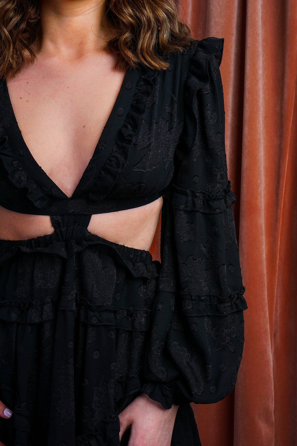 DCD DRESSES Black Textured Ruffle Cut Out Dress