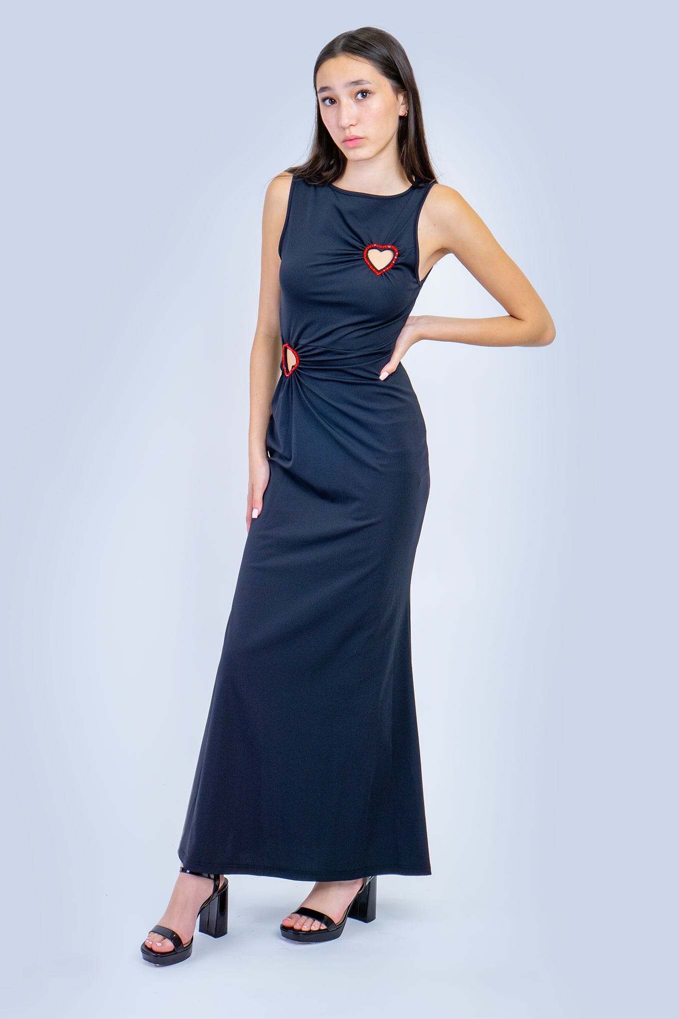 DCD DRESSES Black with Red Rhinestone Heart Maxi Dress