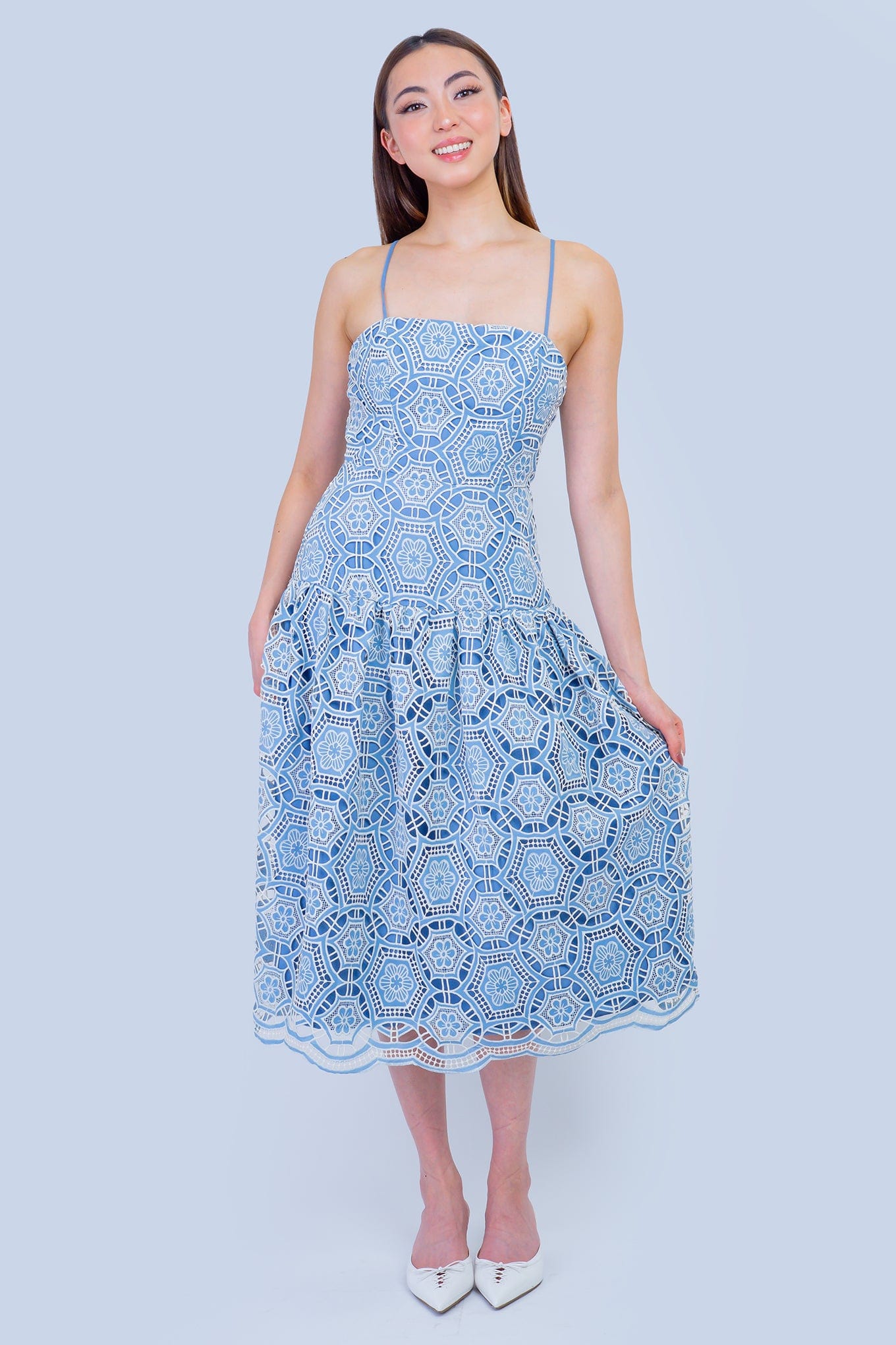 DCD DRESSES Blue and Ivory Crochet Scallop Hem Sleeveless Dress