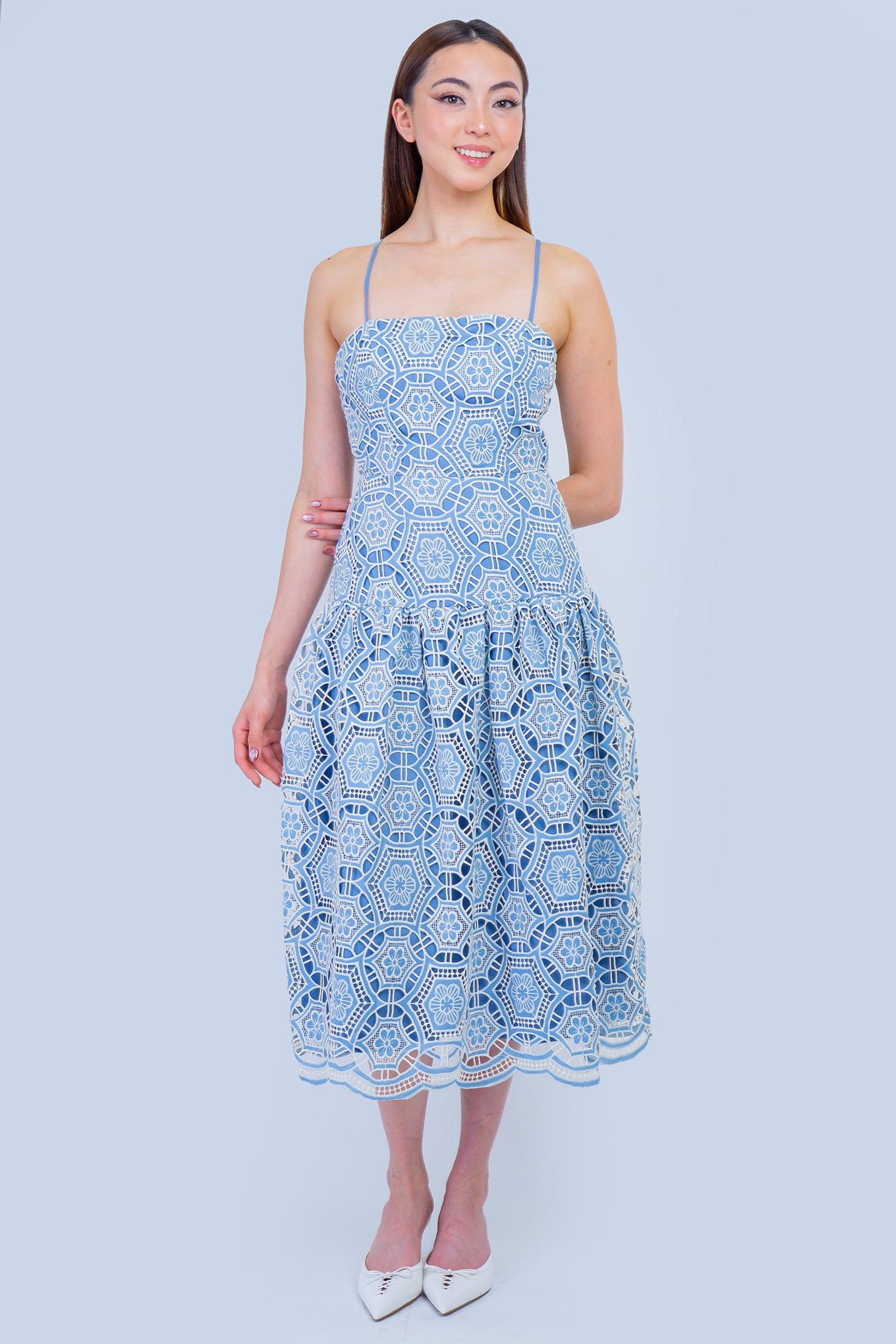 DCD DRESSES Blue and Ivory Crochet Scallop Hem Sleeveless Dress