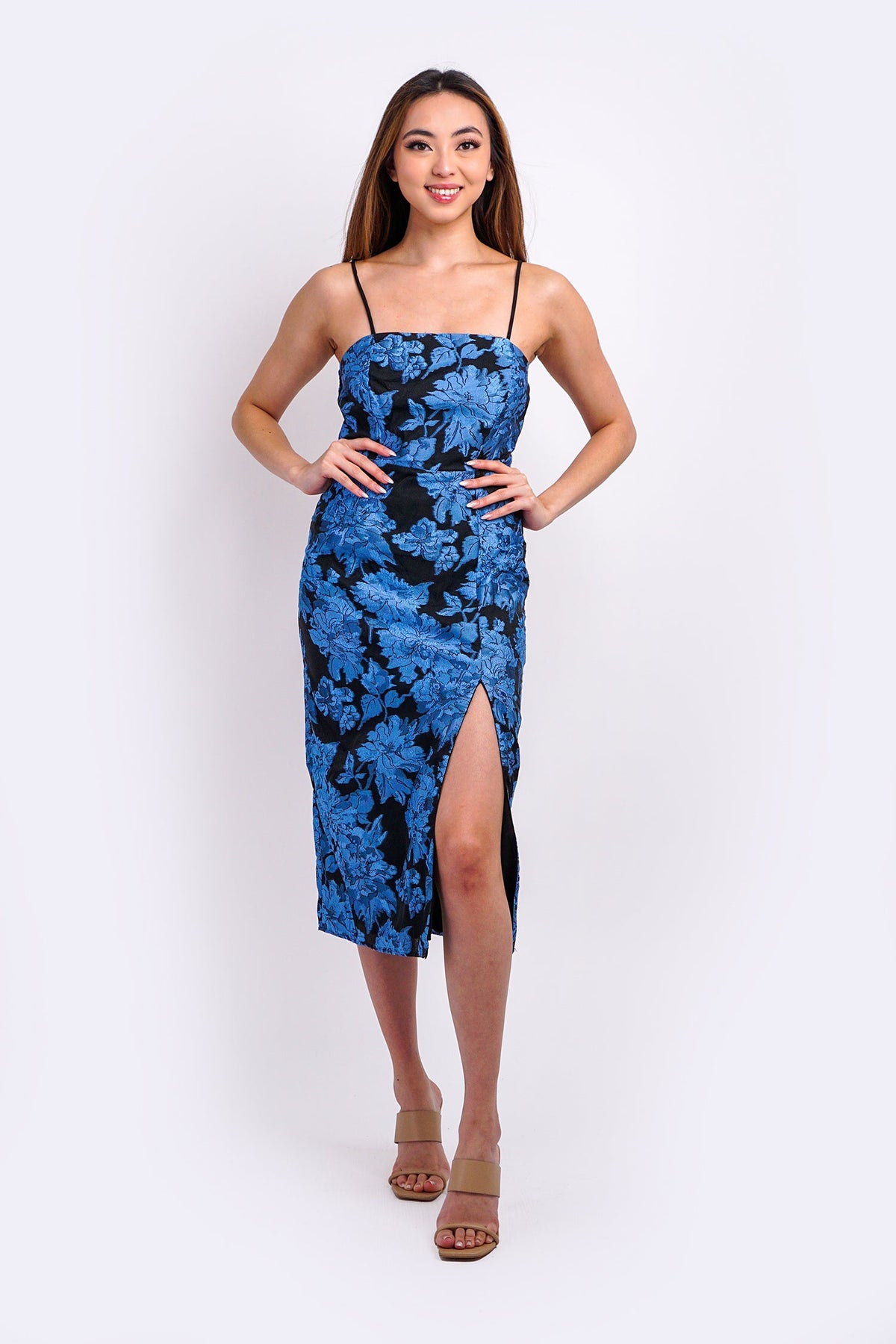 DCD DRESSES Blue/Black Floral Jacquard Midi Dress