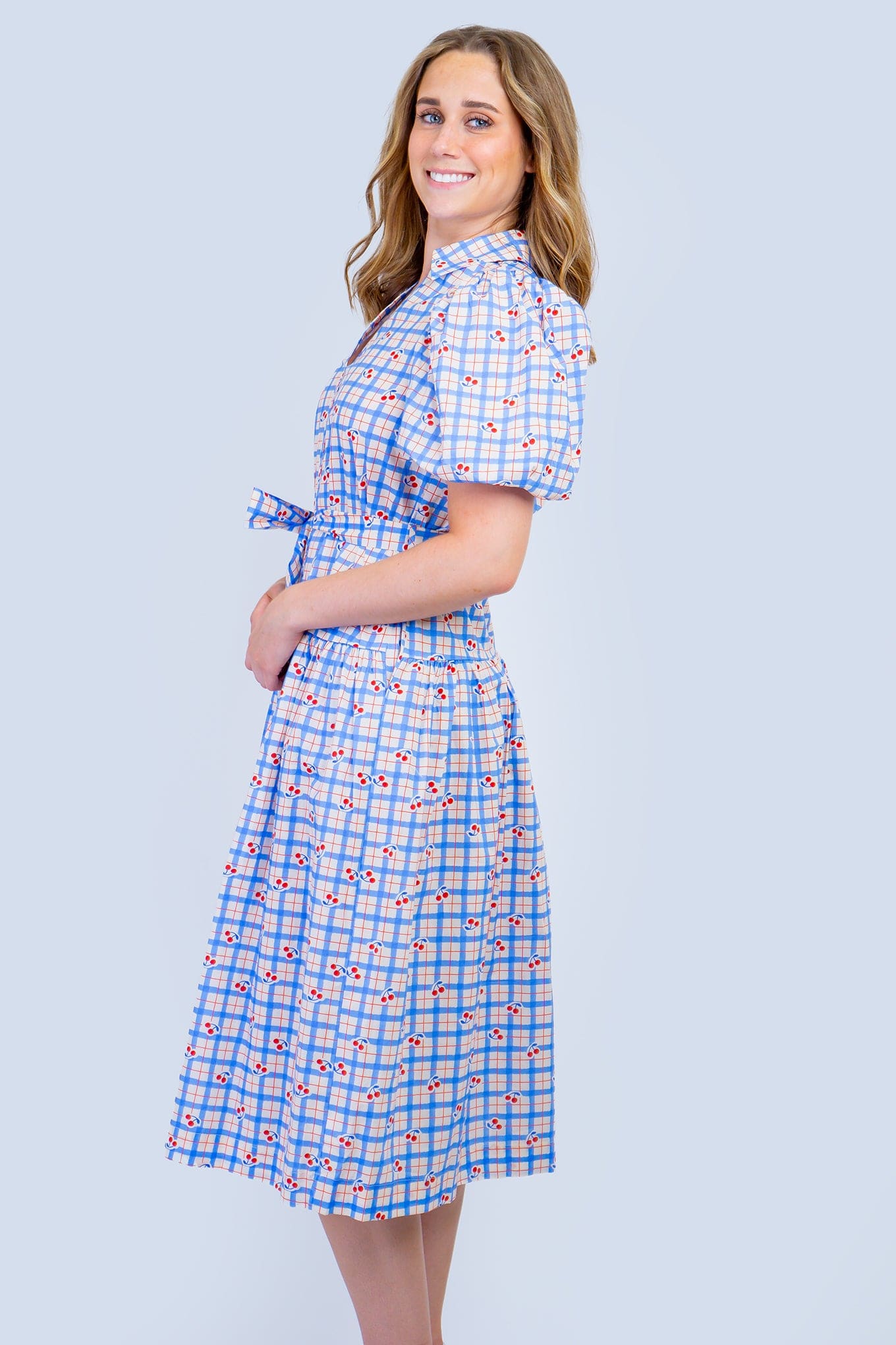DCD DRESSES Blue Checker With Cherry Print Midi Dress