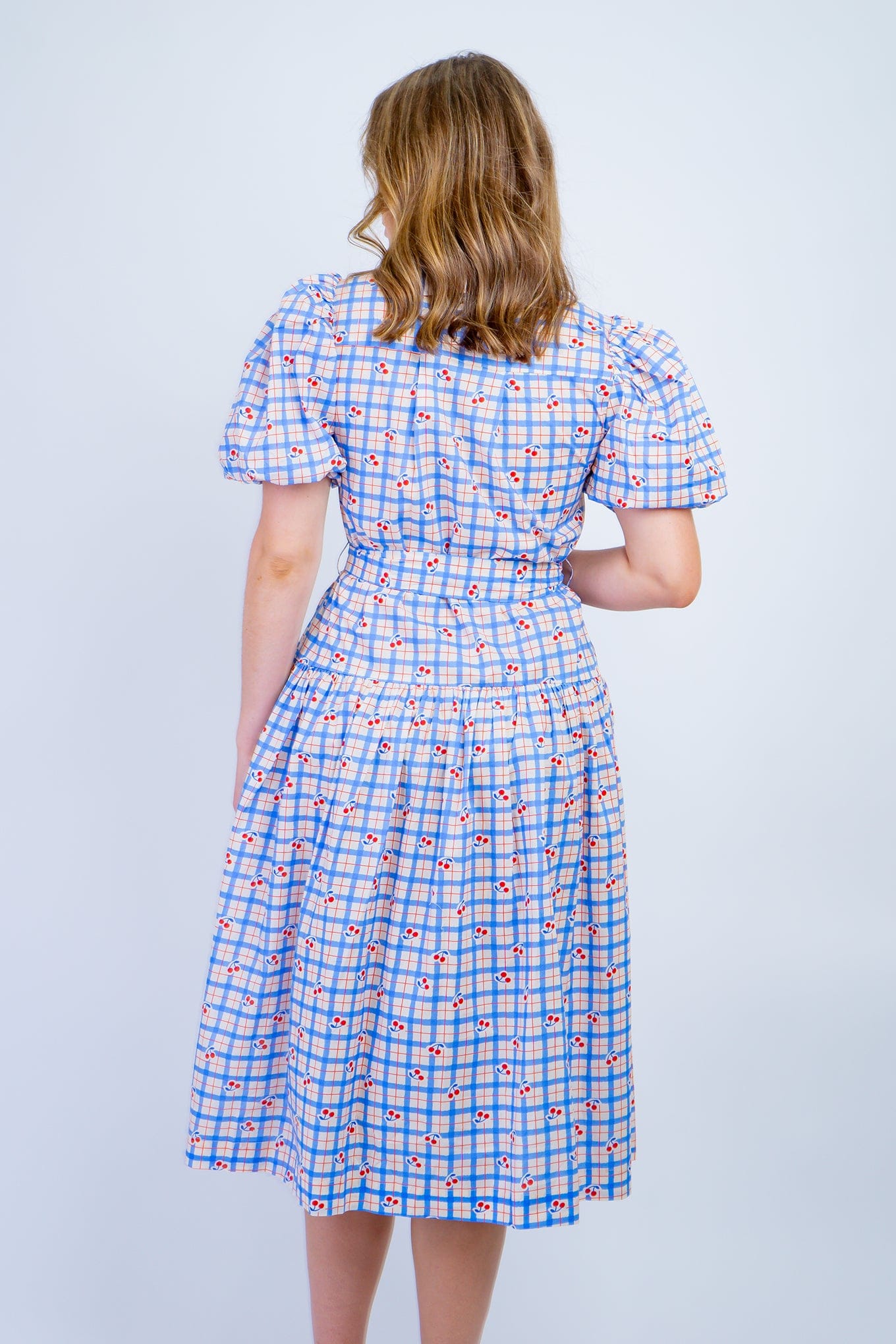 DCD DRESSES Blue Checker With Cherry Print Midi Dress
