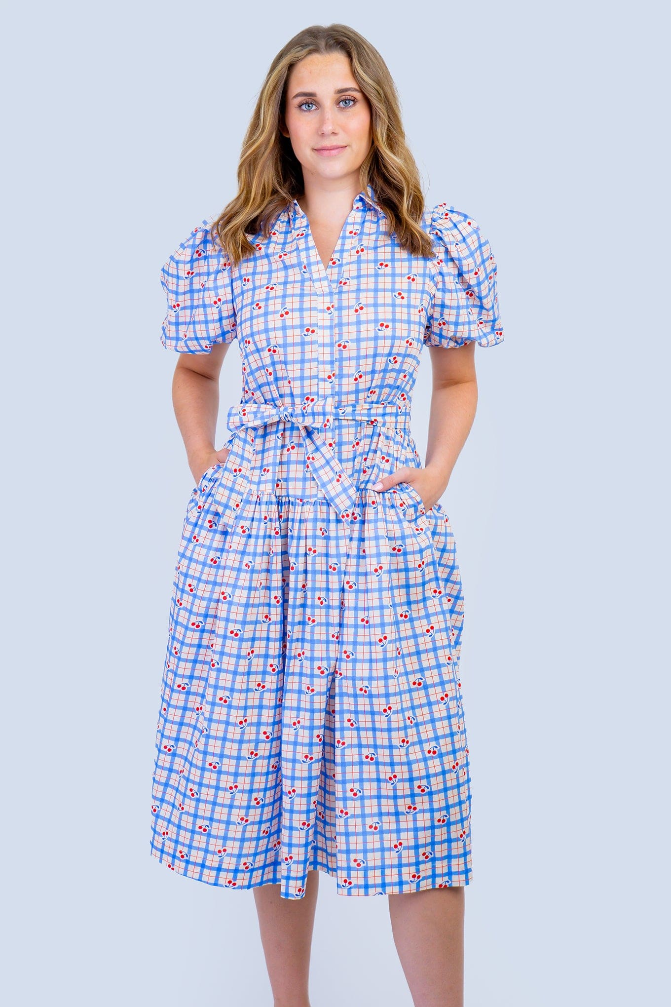 DCD DRESSES Blue Checker With Cherry Print Midi Dress