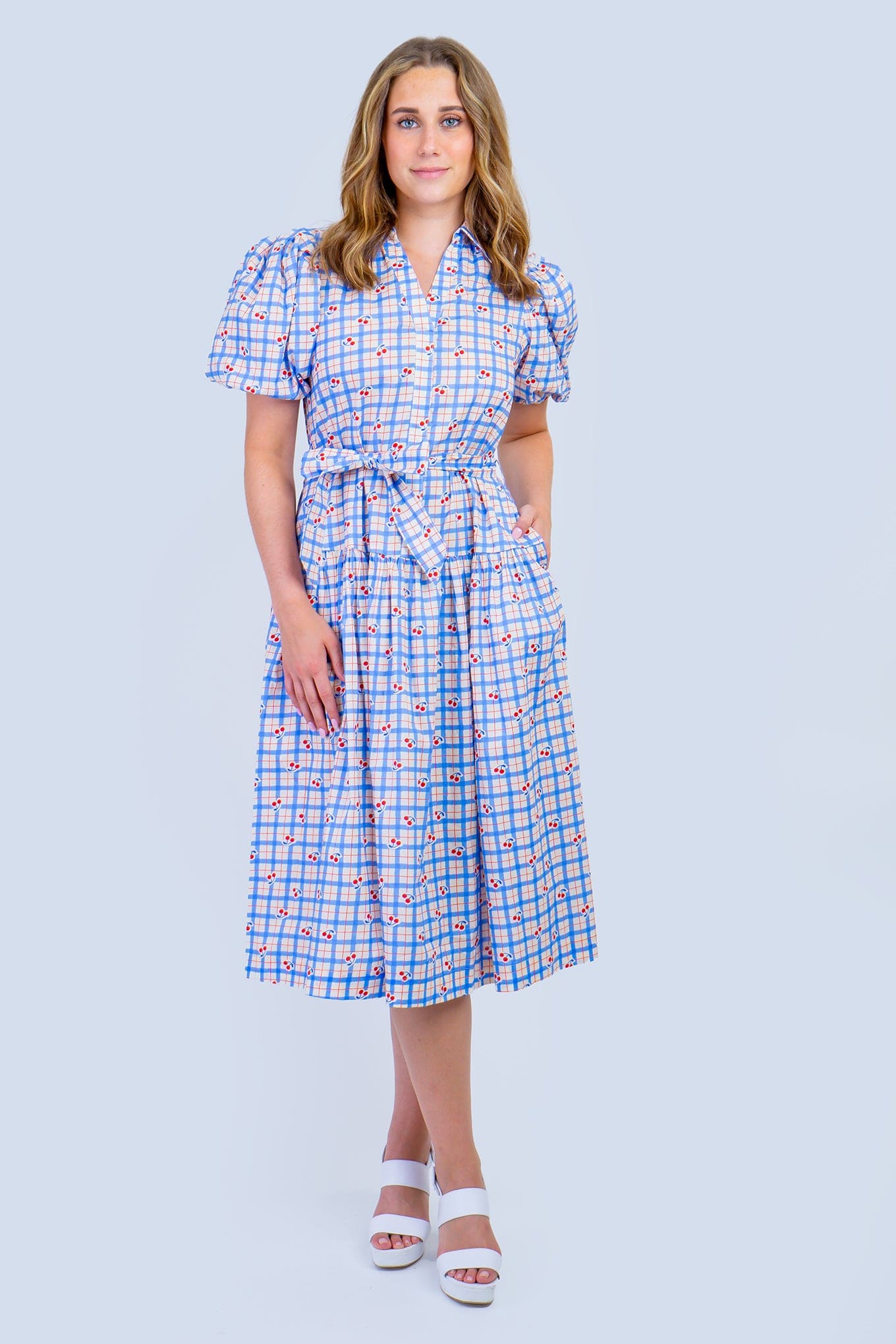 DCD DRESSES Blue Checker With Cherry Print Midi Dress