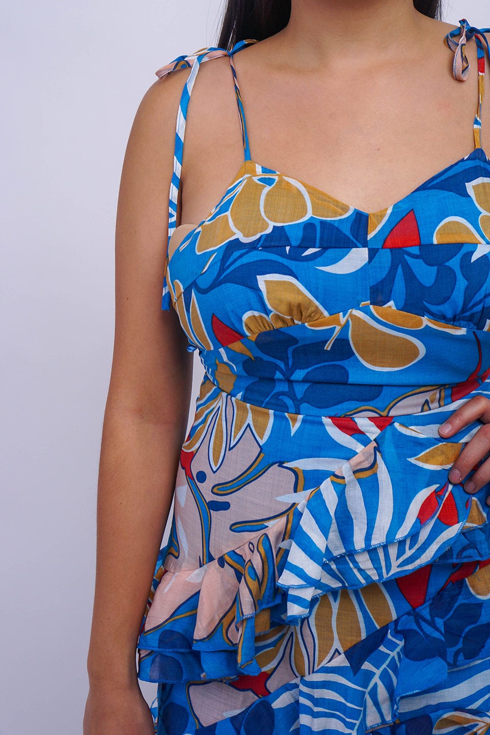 DCD DRESSES Blue Combo Woven Print Sleeveless Ruffle Layer Long Dress