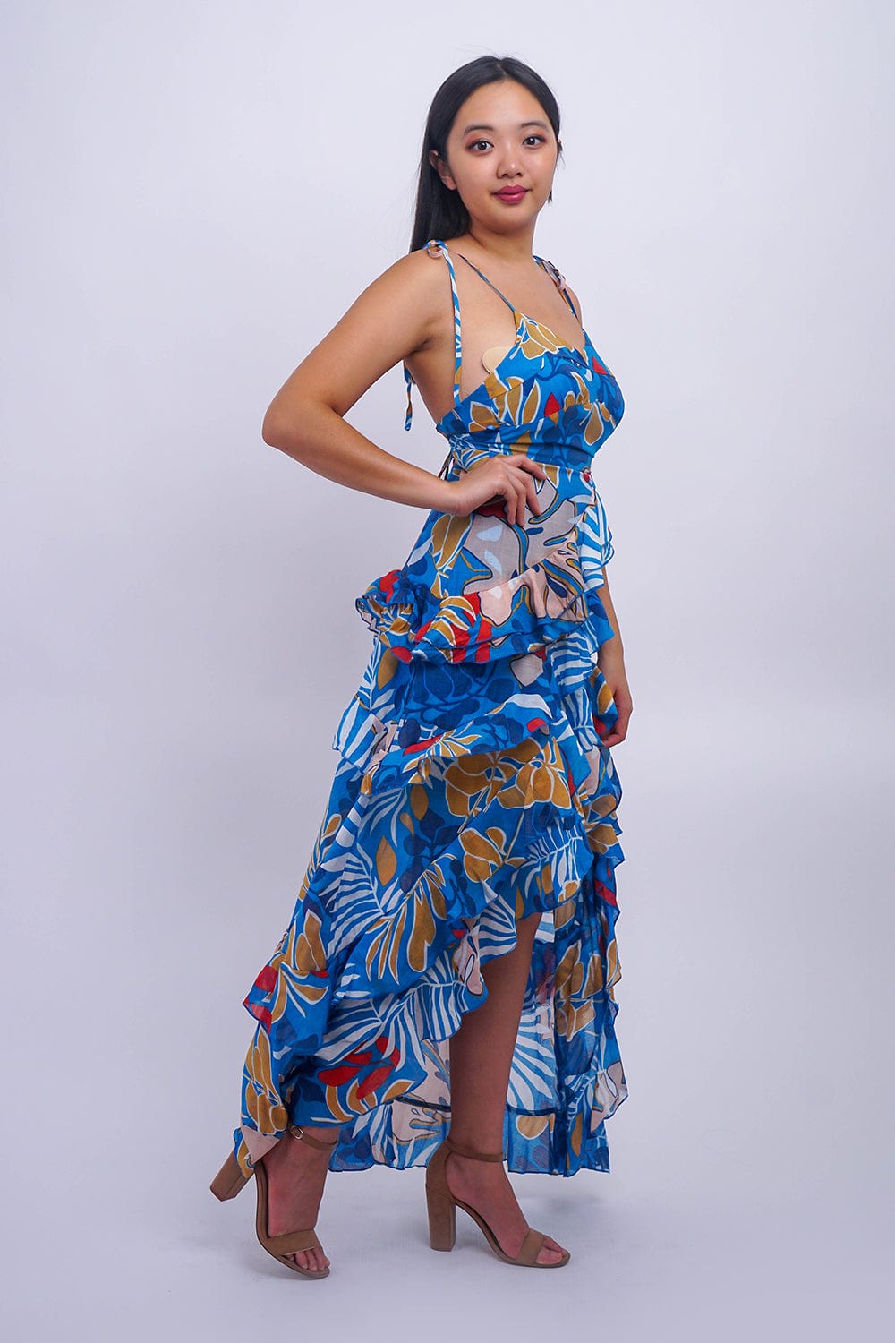 DCD DRESSES Blue Combo Woven Print Sleeveless Ruffle Layer Long Dress