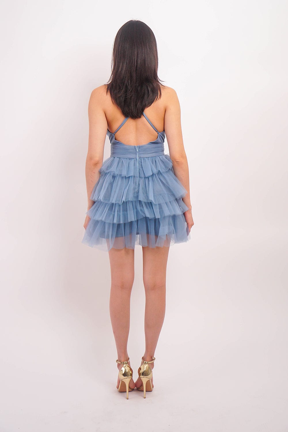 DCD DRESSES Blue Low V Nk  Tiered Tulle  Dress
