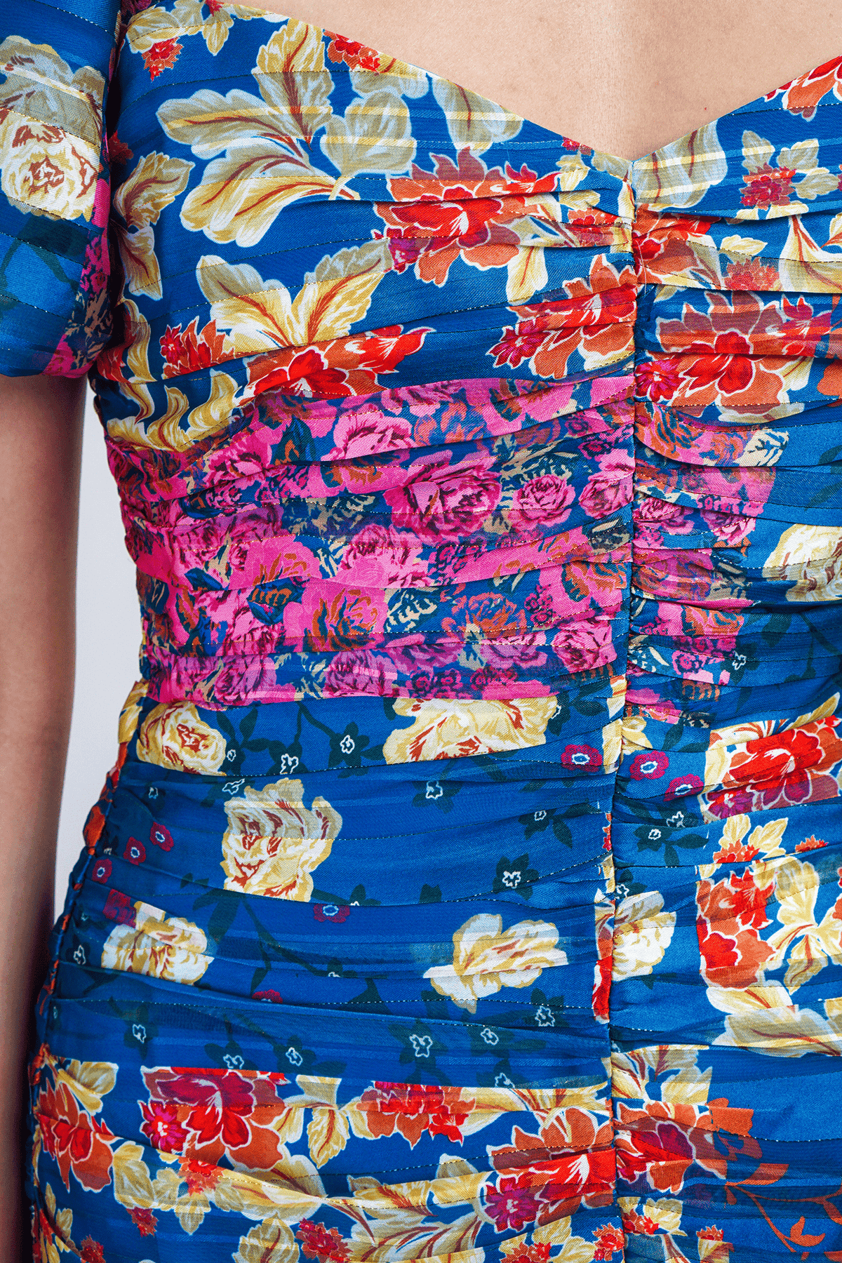 DCD DRESSES Blue Multicolor Floral Print Lurex Shirred Mini Dress