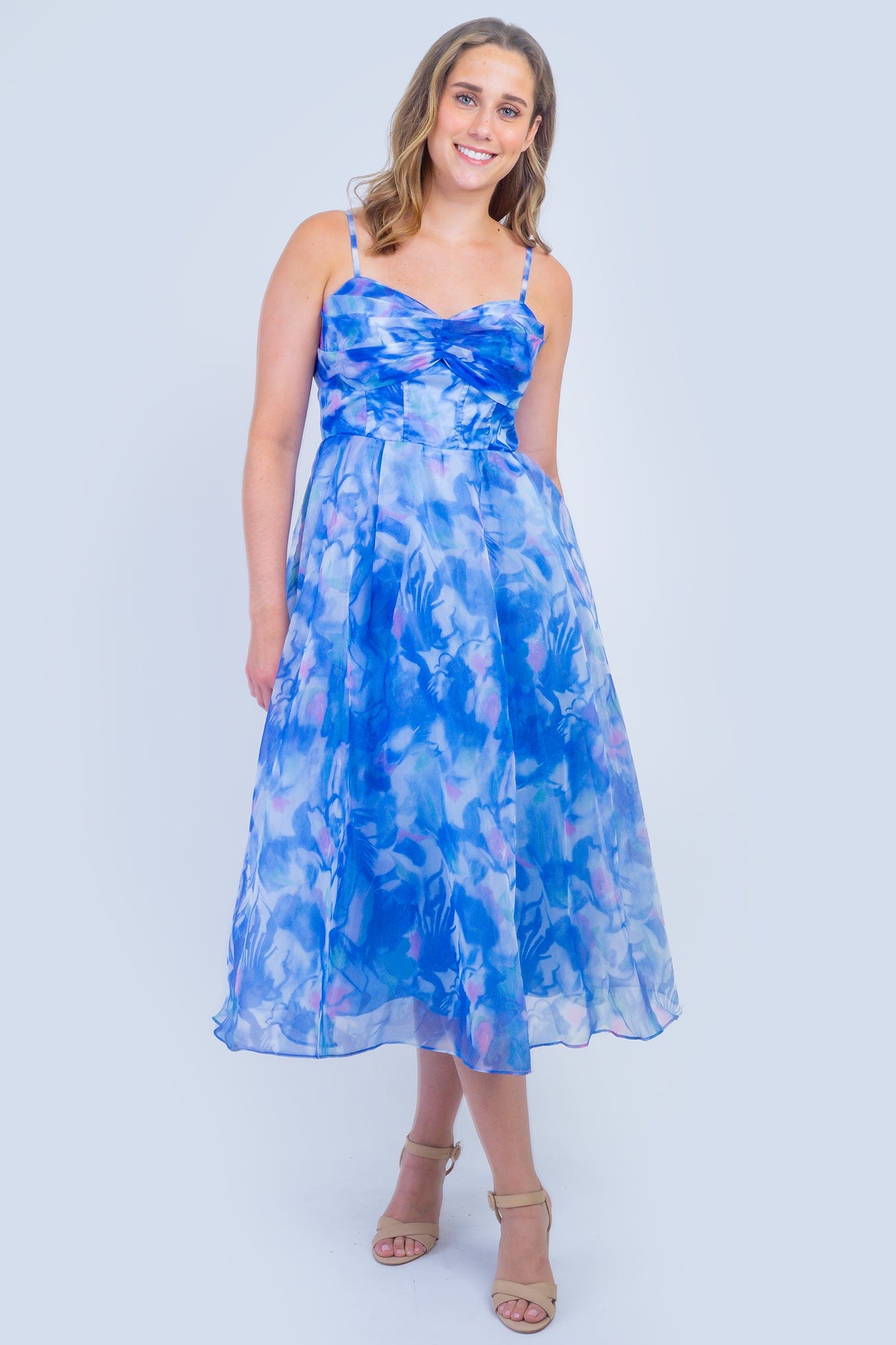 DCD DRESSES Blue Pink Organza Fit and Flare Midi Dress