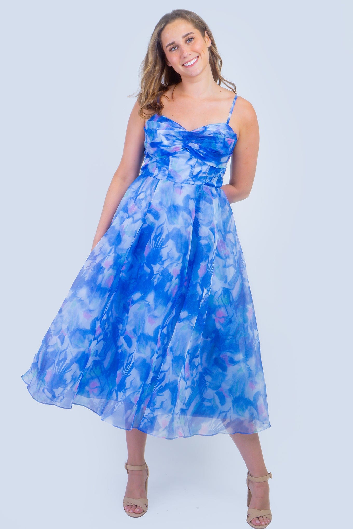 DCD DRESSES Blue Pink Organza Fit and Flare Midi Dress