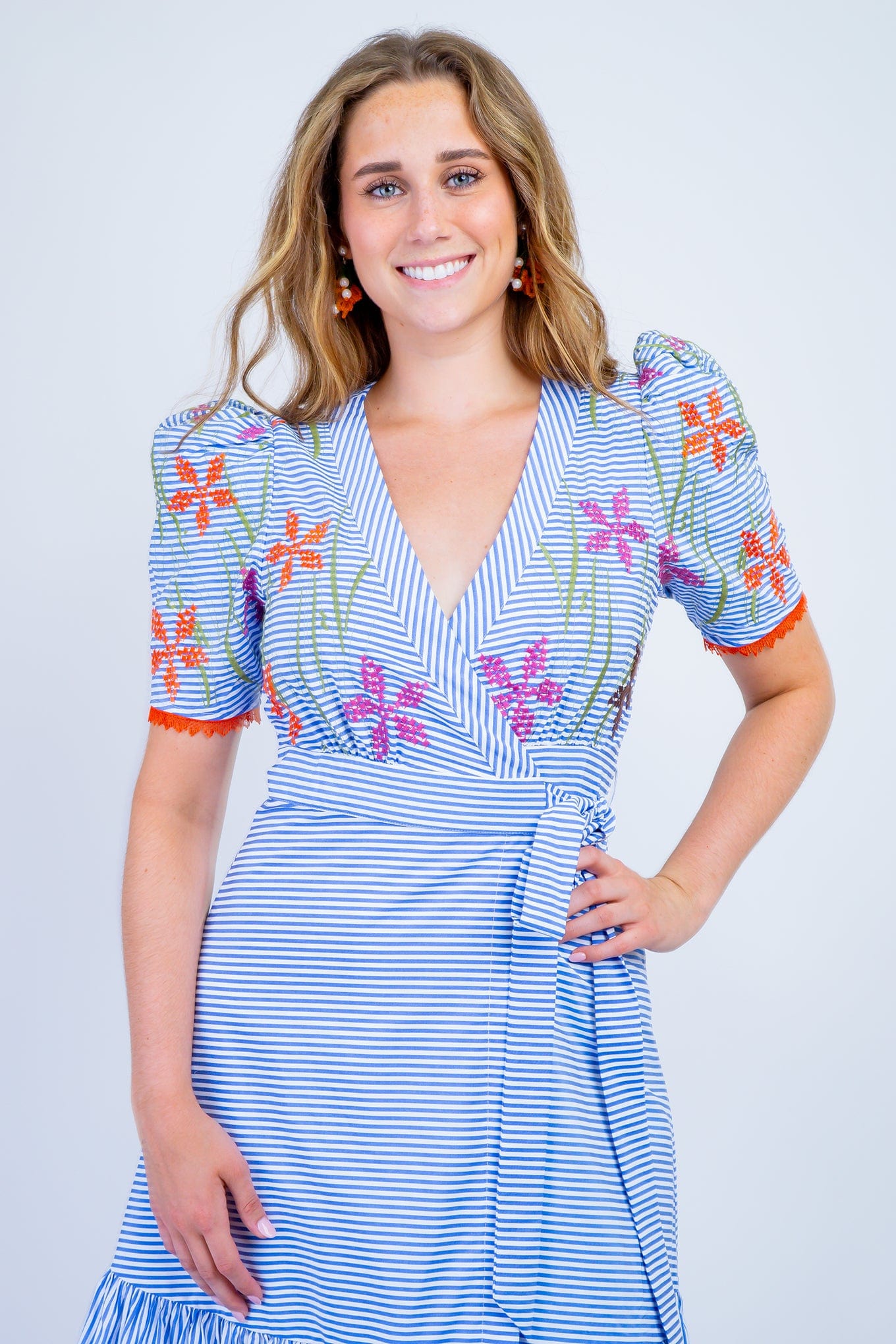 DCD DRESSES Blue Stripe Floral Embroidery Wrap Midi Dress