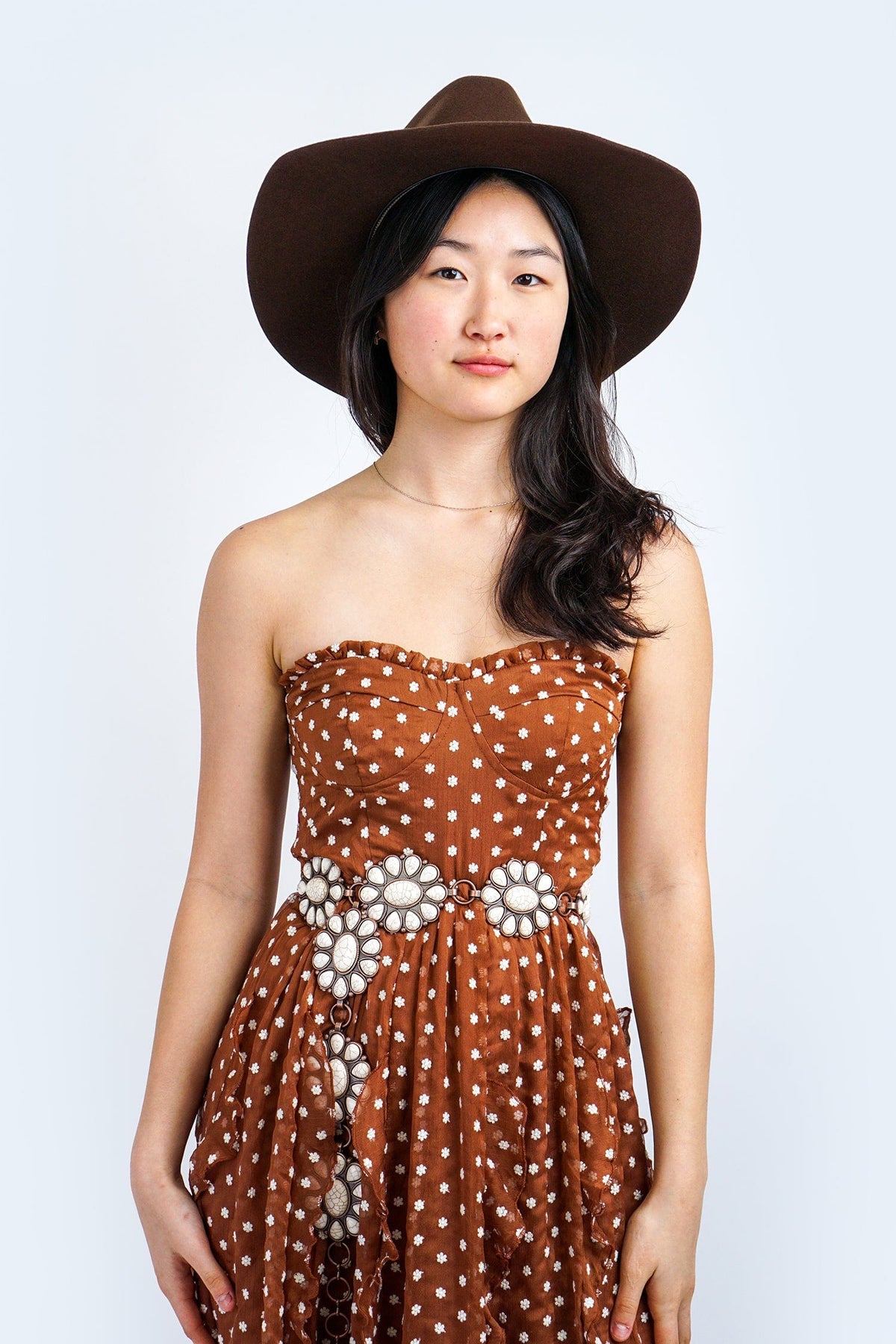 DCD DRESSES Brown and White Embroidered Polka Dot Ruffle Maxi Dress