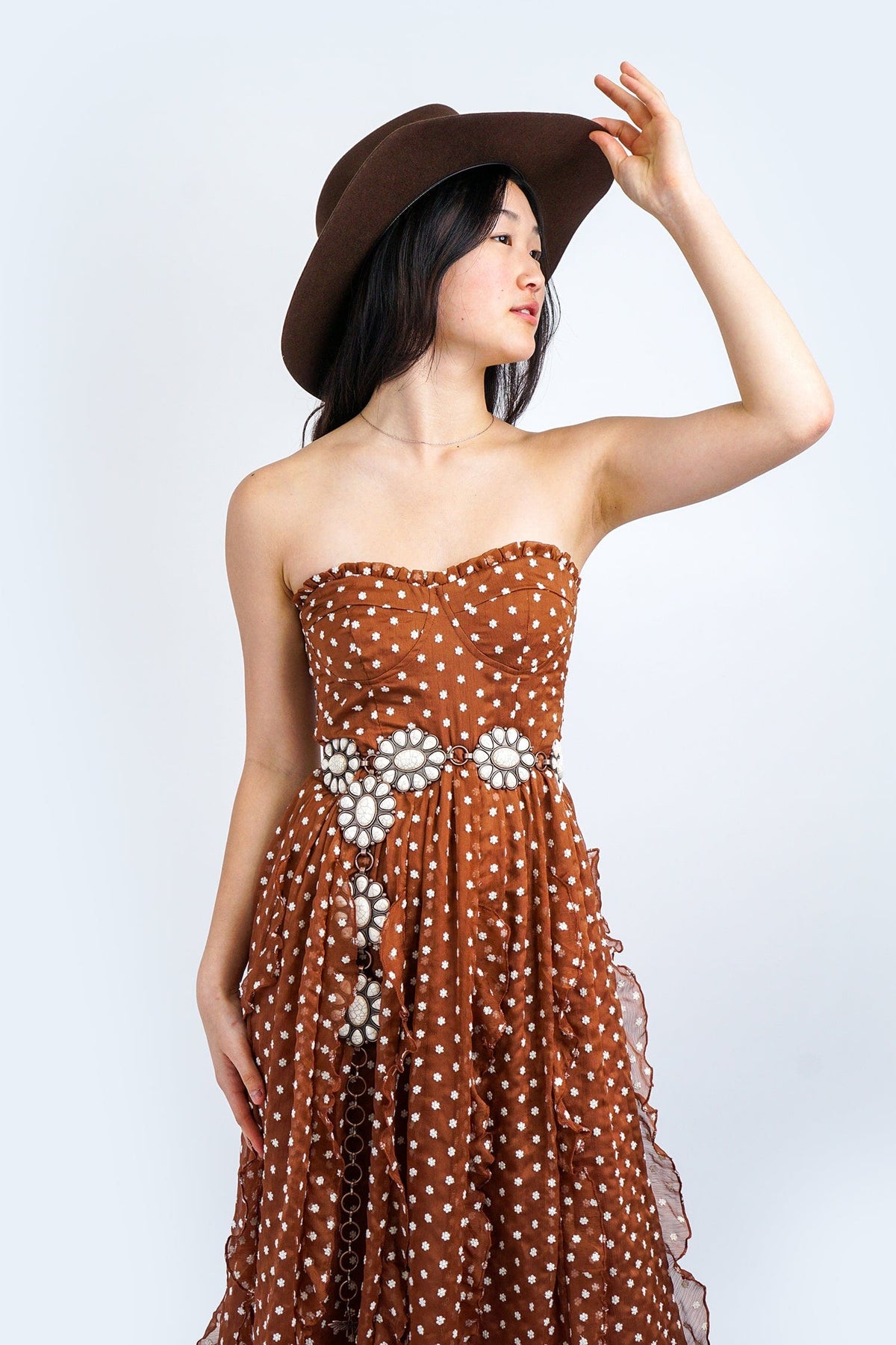 DCD DRESSES Brown and White Embroidered Polka Dot Ruffle Maxi Dress