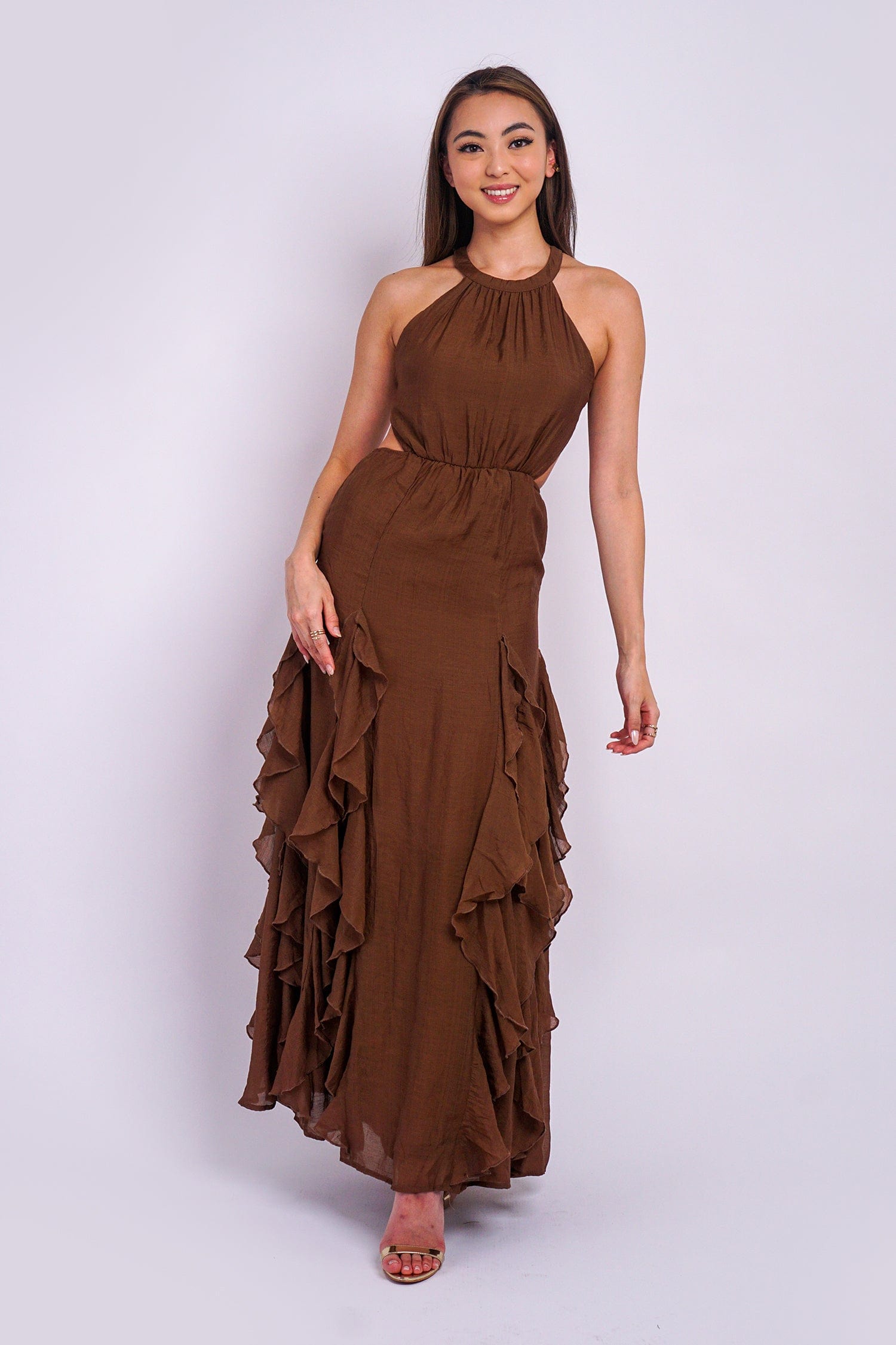 DCD DRESSES Brown Halter Neck Ruffle  Maxi Dress