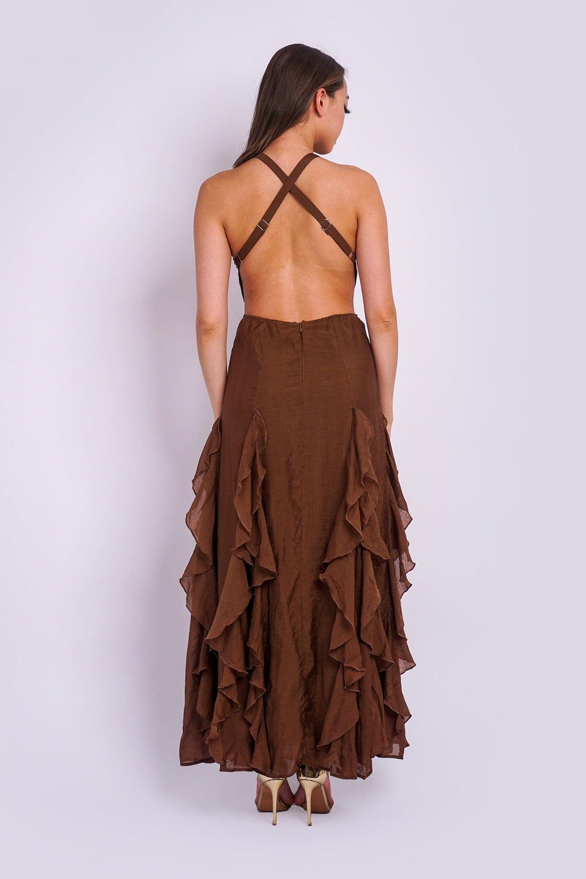 DCD DRESSES Brown Halter Neck Ruffle  Maxi Dress