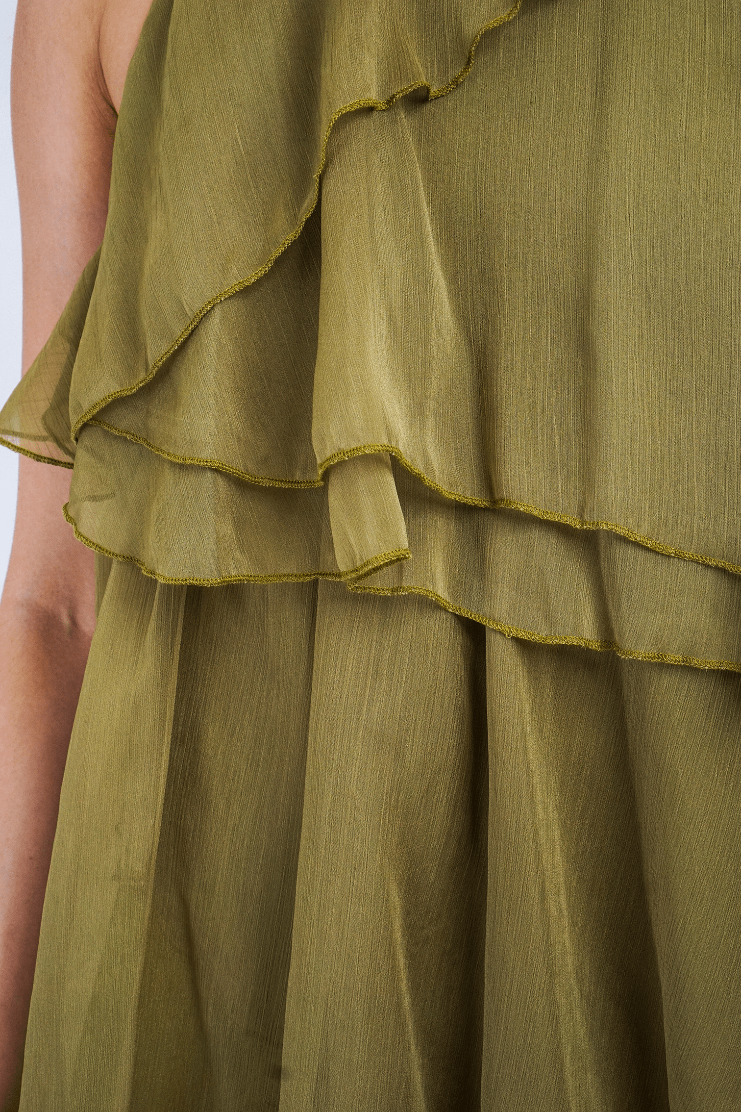 DCD DRESSES Chartreuse Layered Ruffles Halter Midi Dress