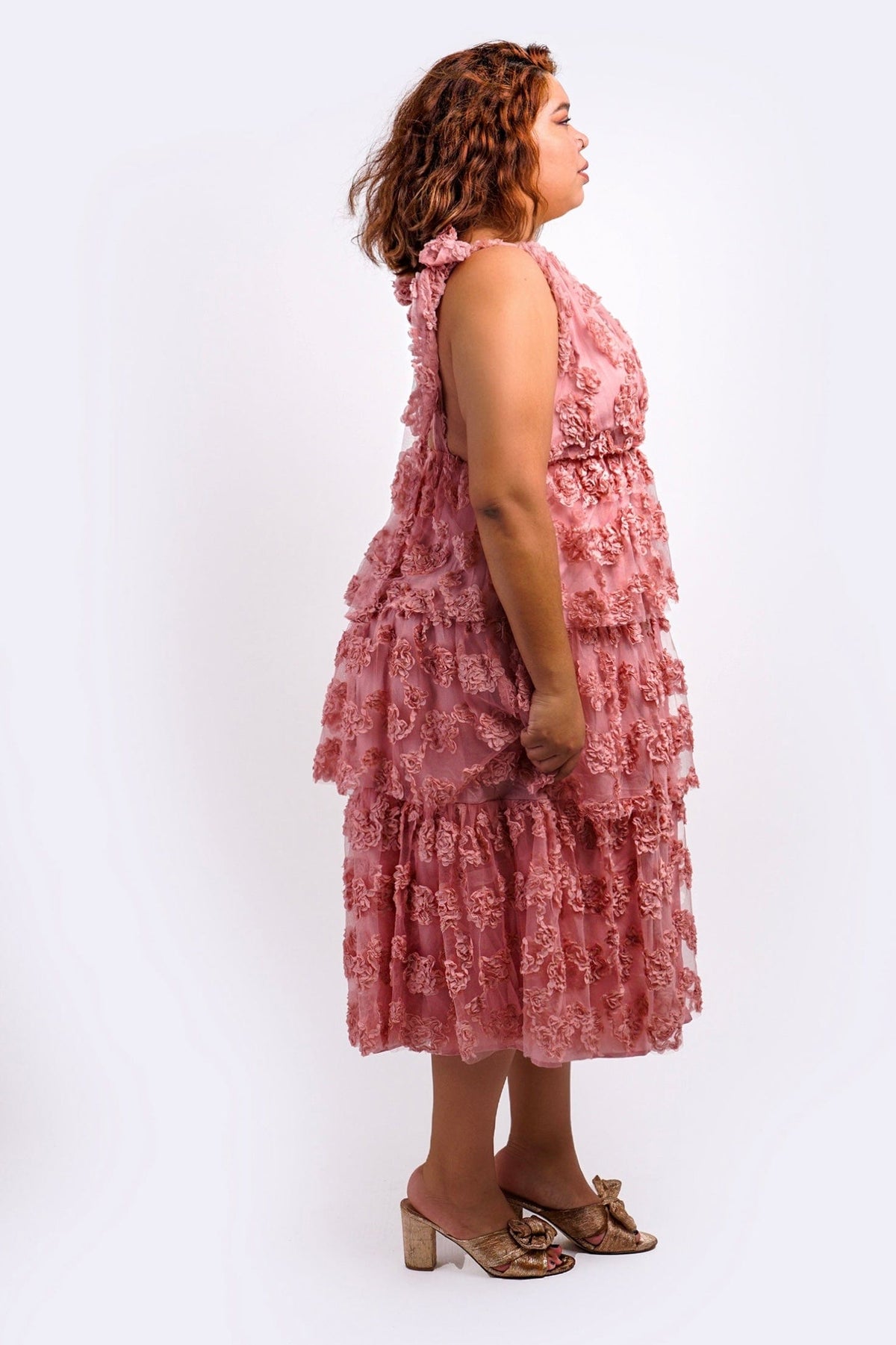 DCD DRESSES Dusty Pink Floral Textured Tiered Dress