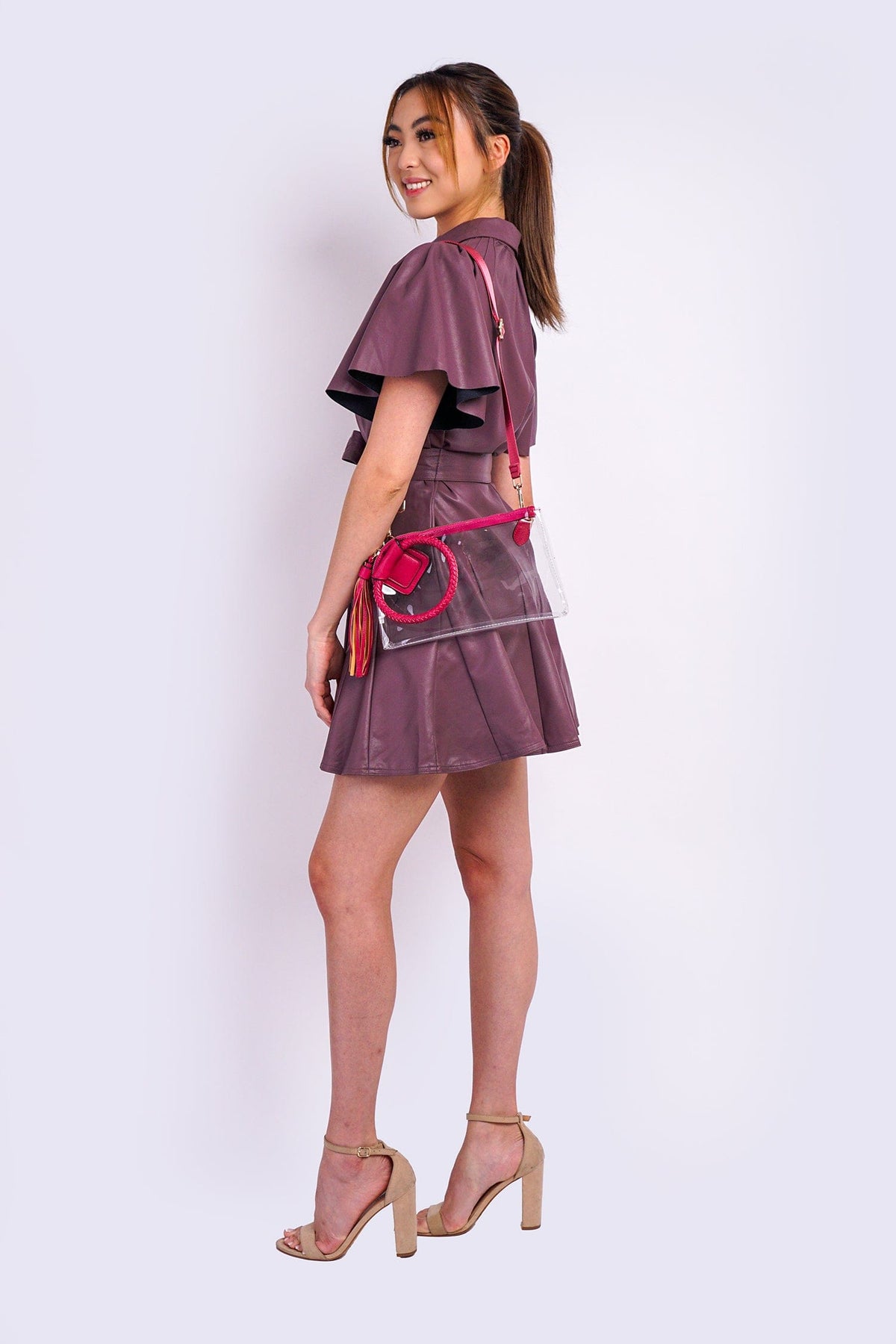 DCD DRESSES Eggplant Vegan Leather Shirt Dress