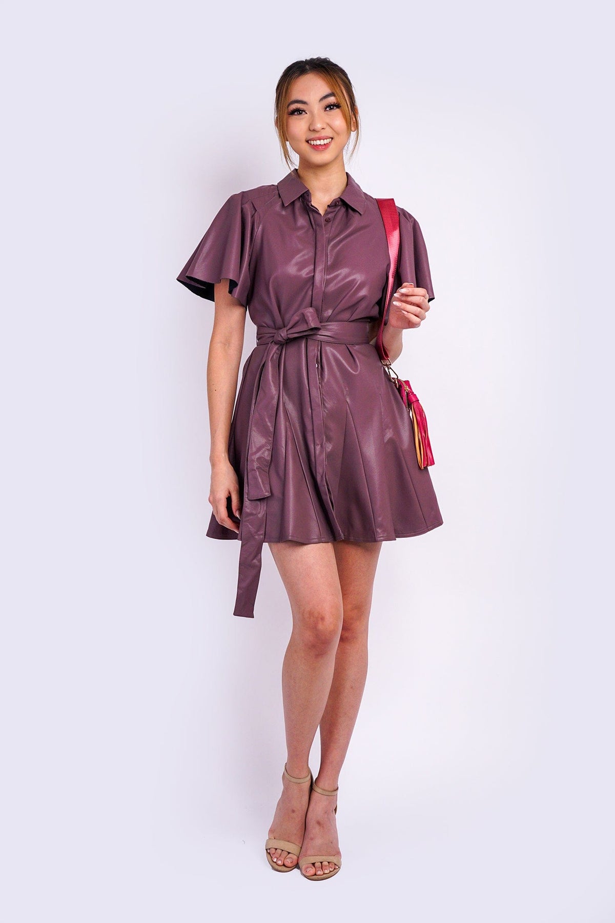 DCD DRESSES Eggplant Vegan Leather Shirt Dress