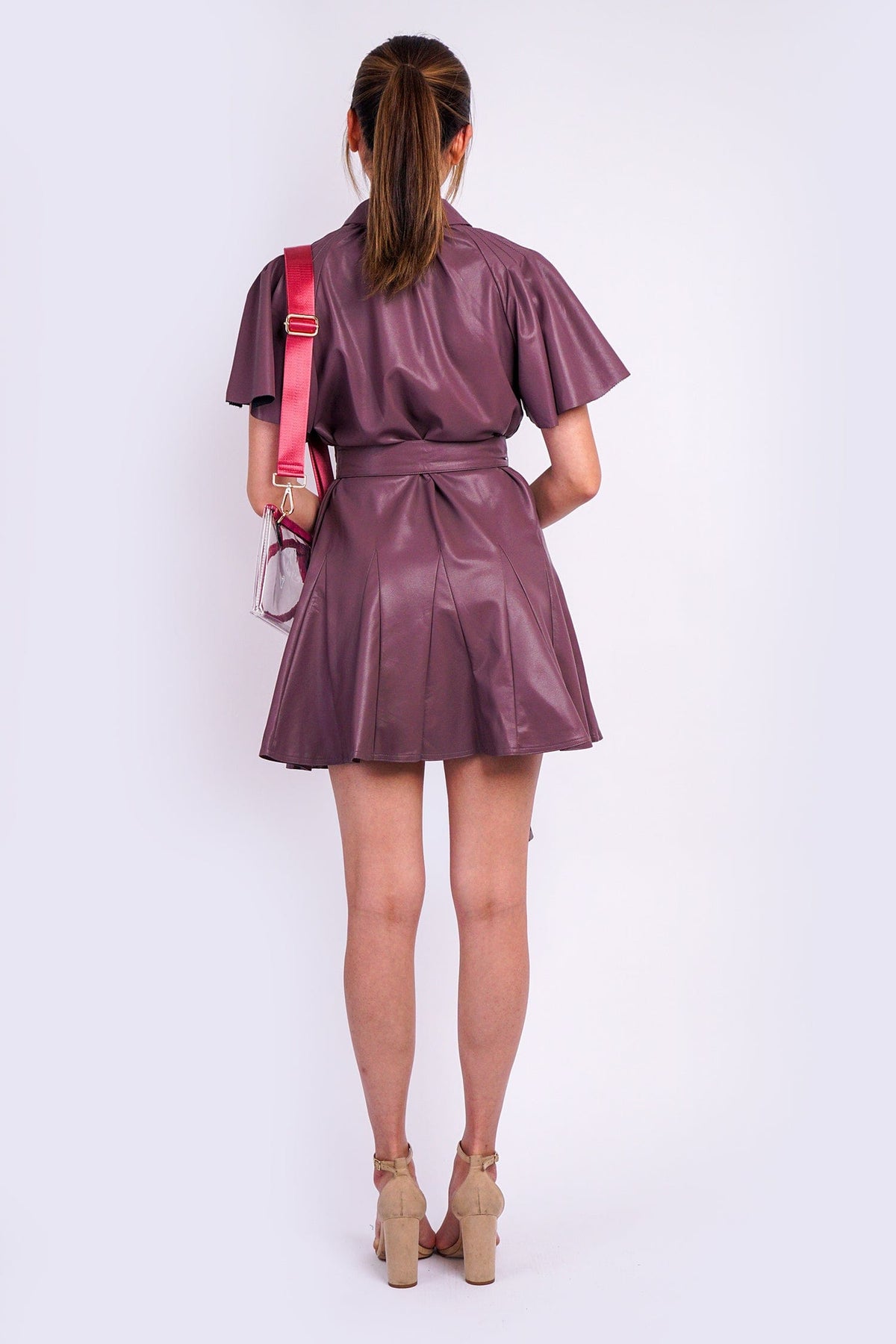 DCD DRESSES Eggplant Vegan Leather Shirt Dress