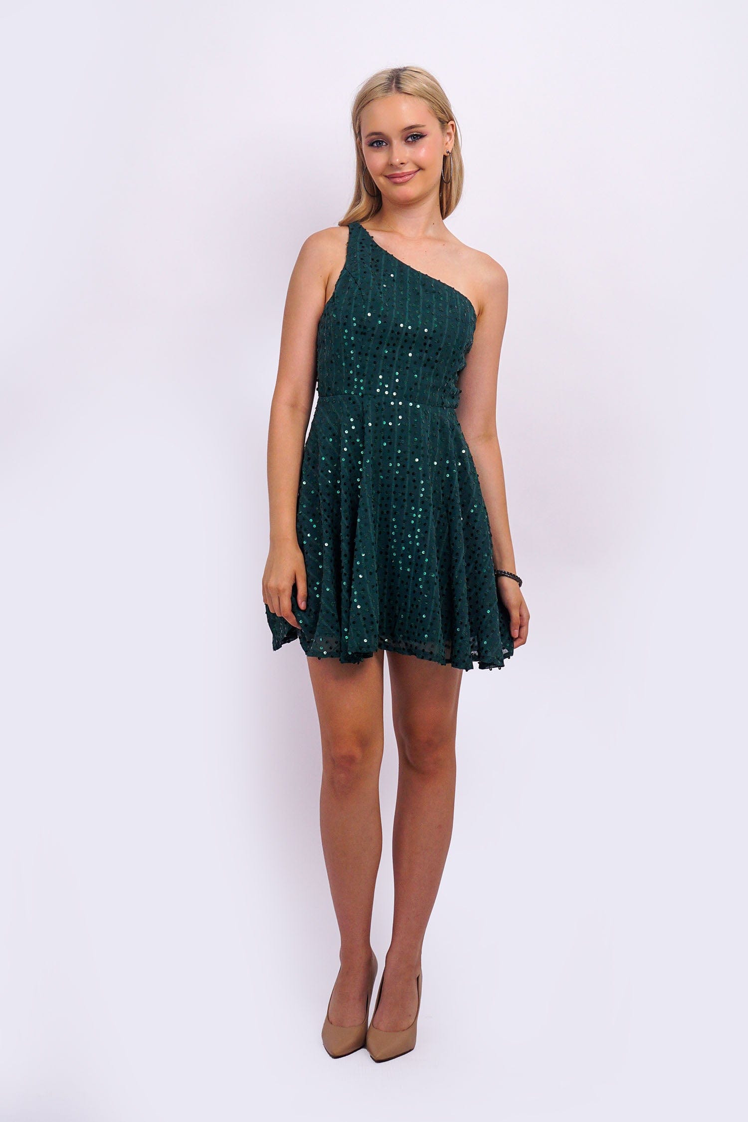 DCD DRESSES Emerald One Shld Sequin Skater Dress